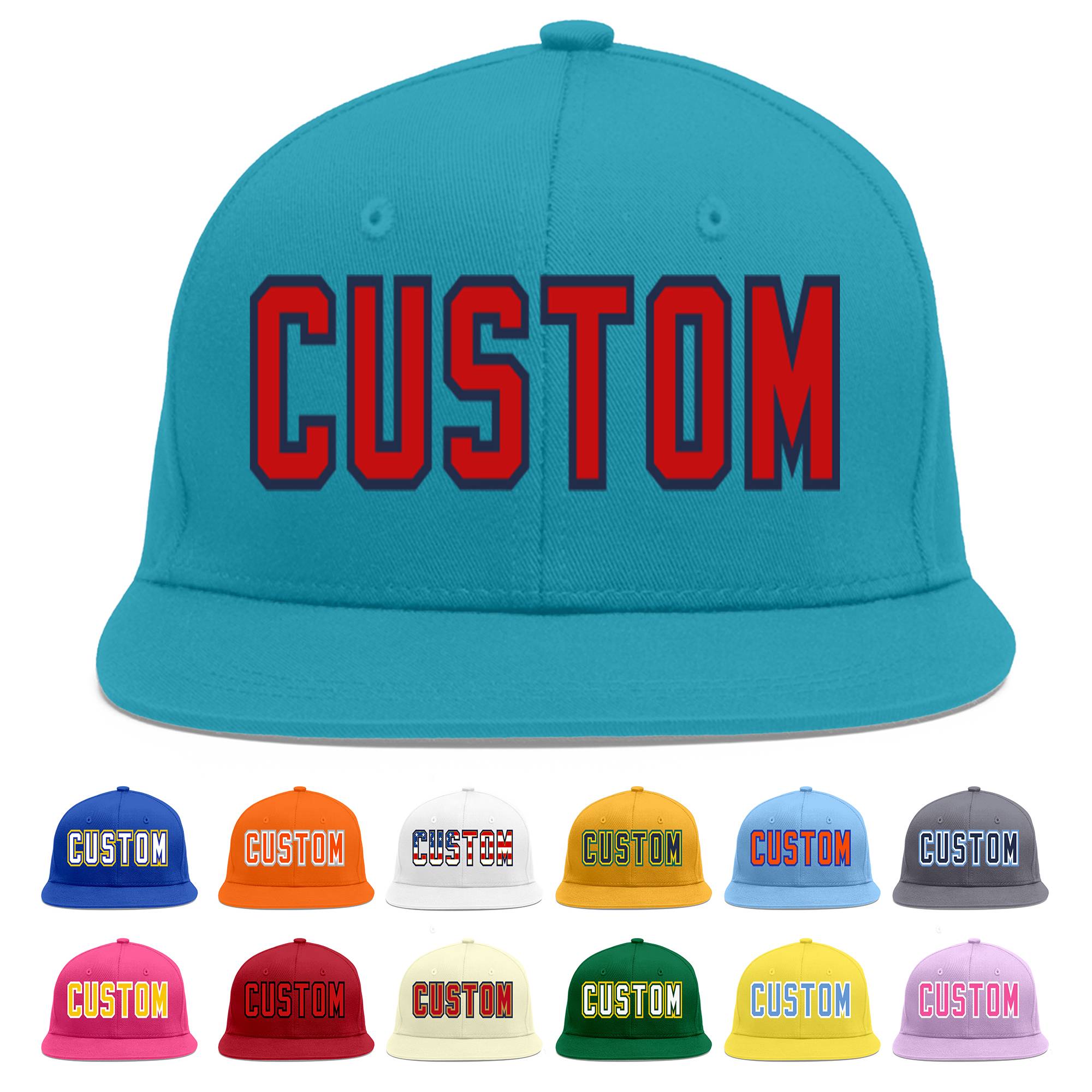 Custom Aqua Red-Navy Flat Eaves Sport Baseball Cap