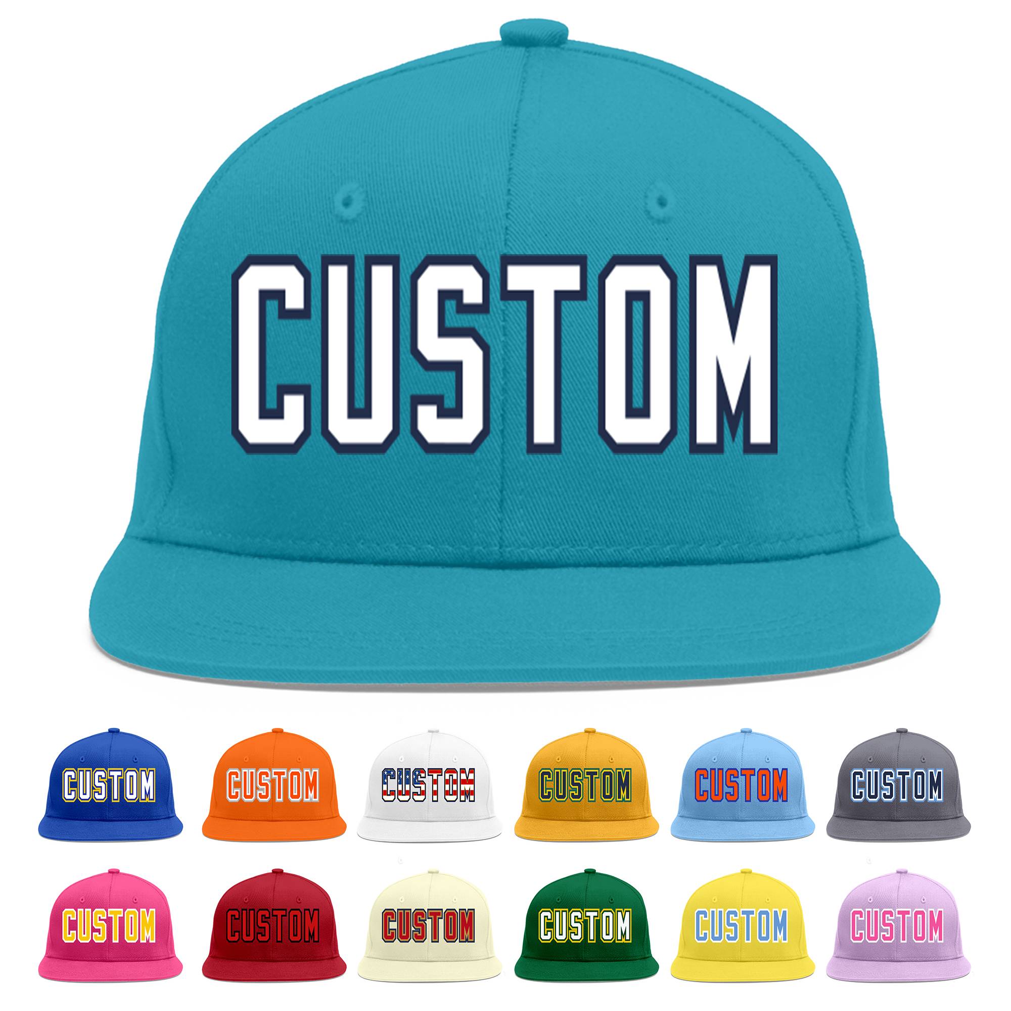 Custom Aqua White-Navy Flat Eaves Sport Baseball Cap