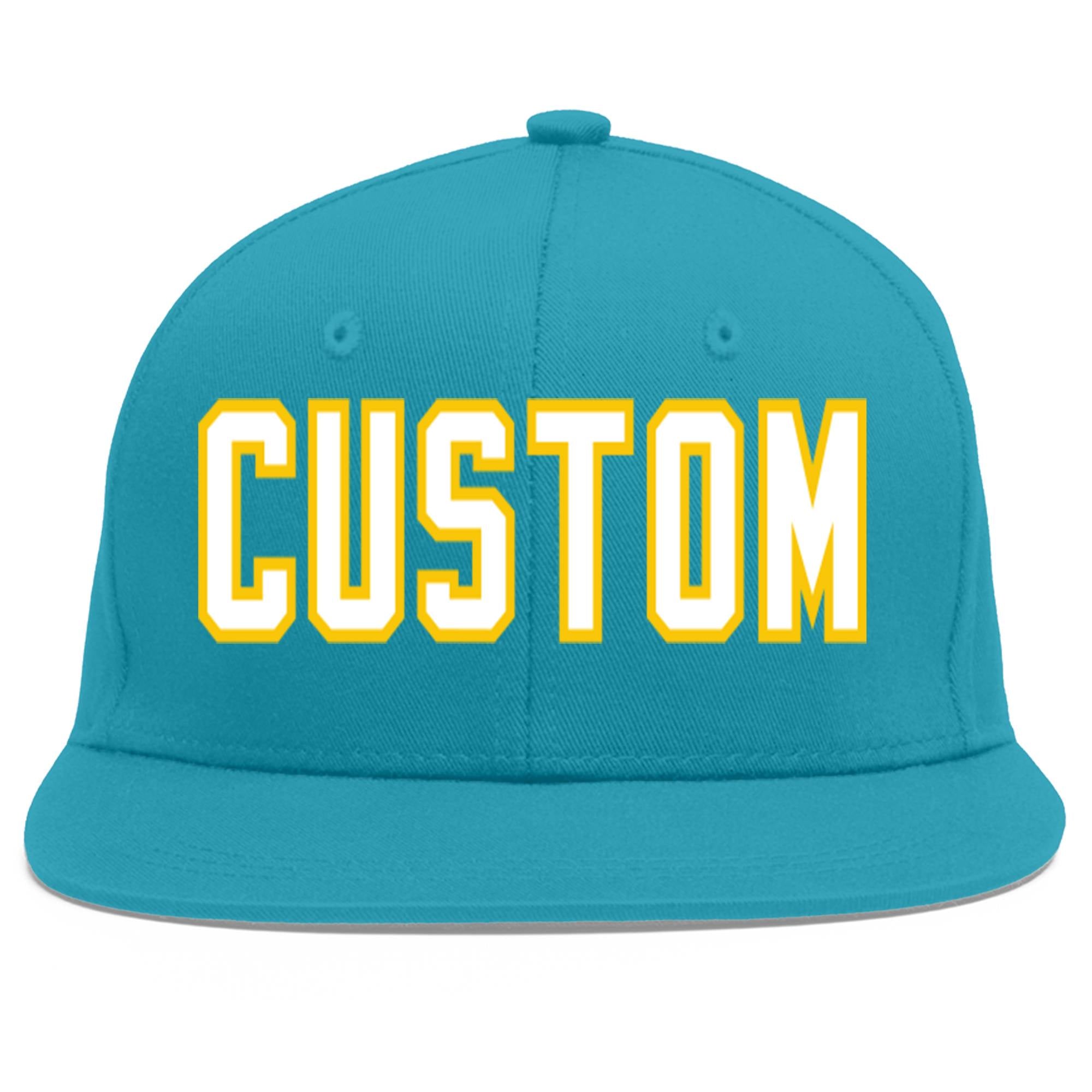 Custom Aqua White-Gold Flat Eaves Sport Baseball Cap