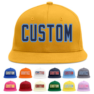 Custom Gold Navy-Light Blue Flat Eaves Sport Baseball Cap