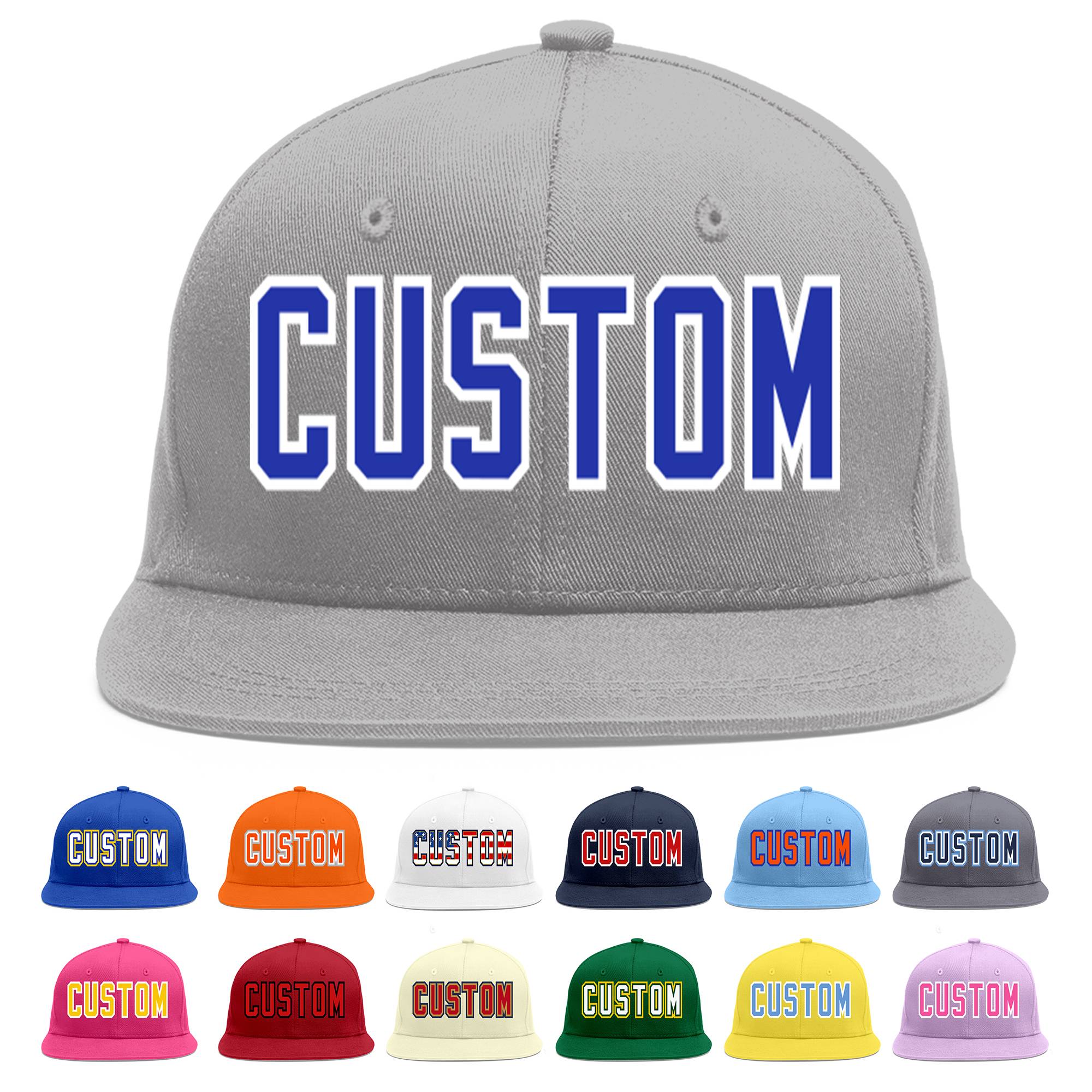 Custom Gray Royal-White Flat Eaves Sport Baseball Cap