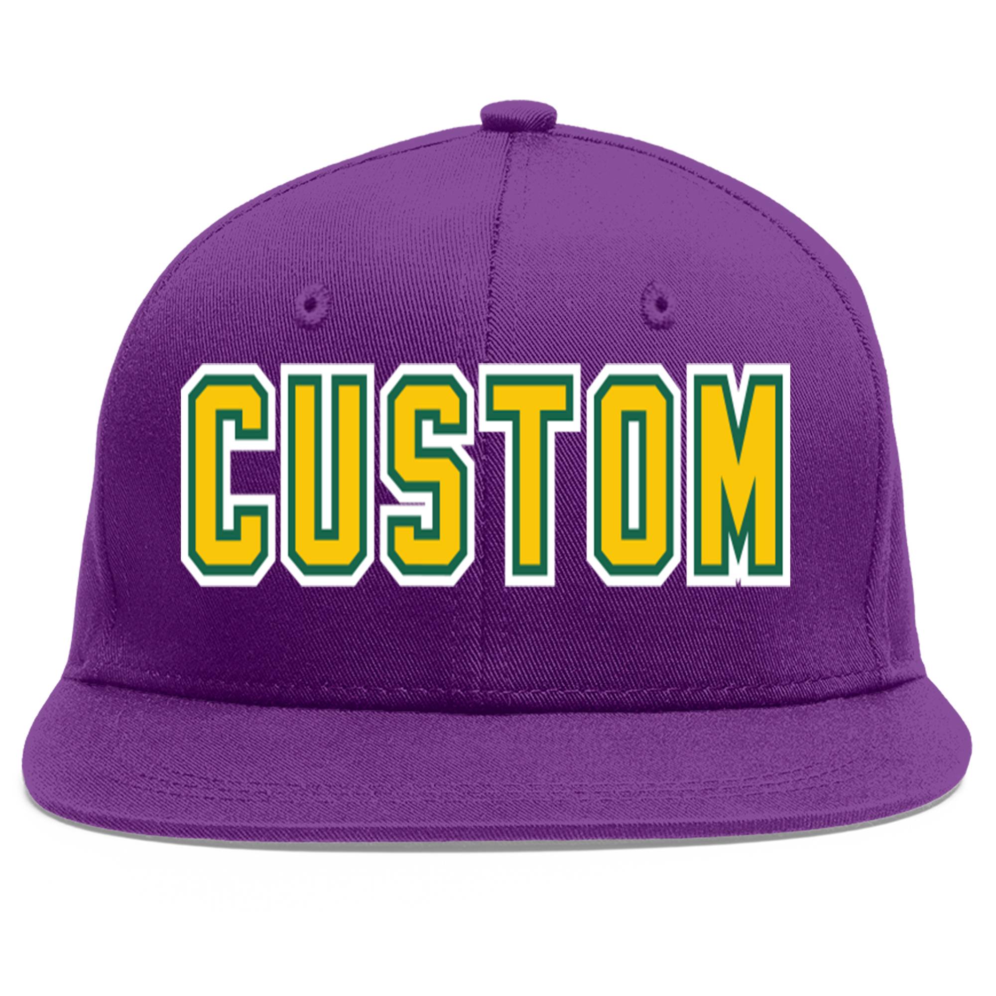 Casquette de baseball sport personnalisée violet or-Kelly vert plat avant-toit