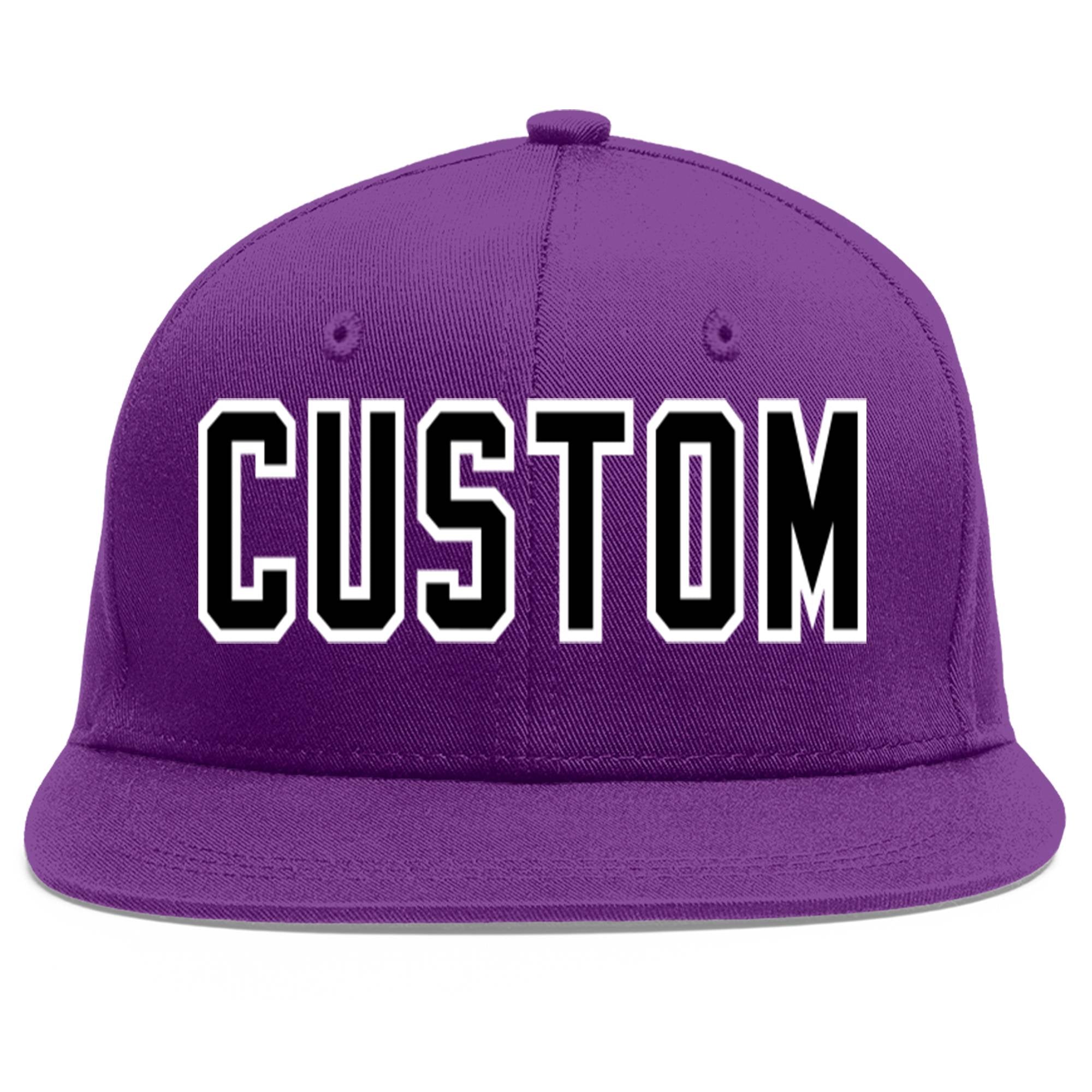 Custom Purple Black-White Flat Eaves Sport Baseball Cap