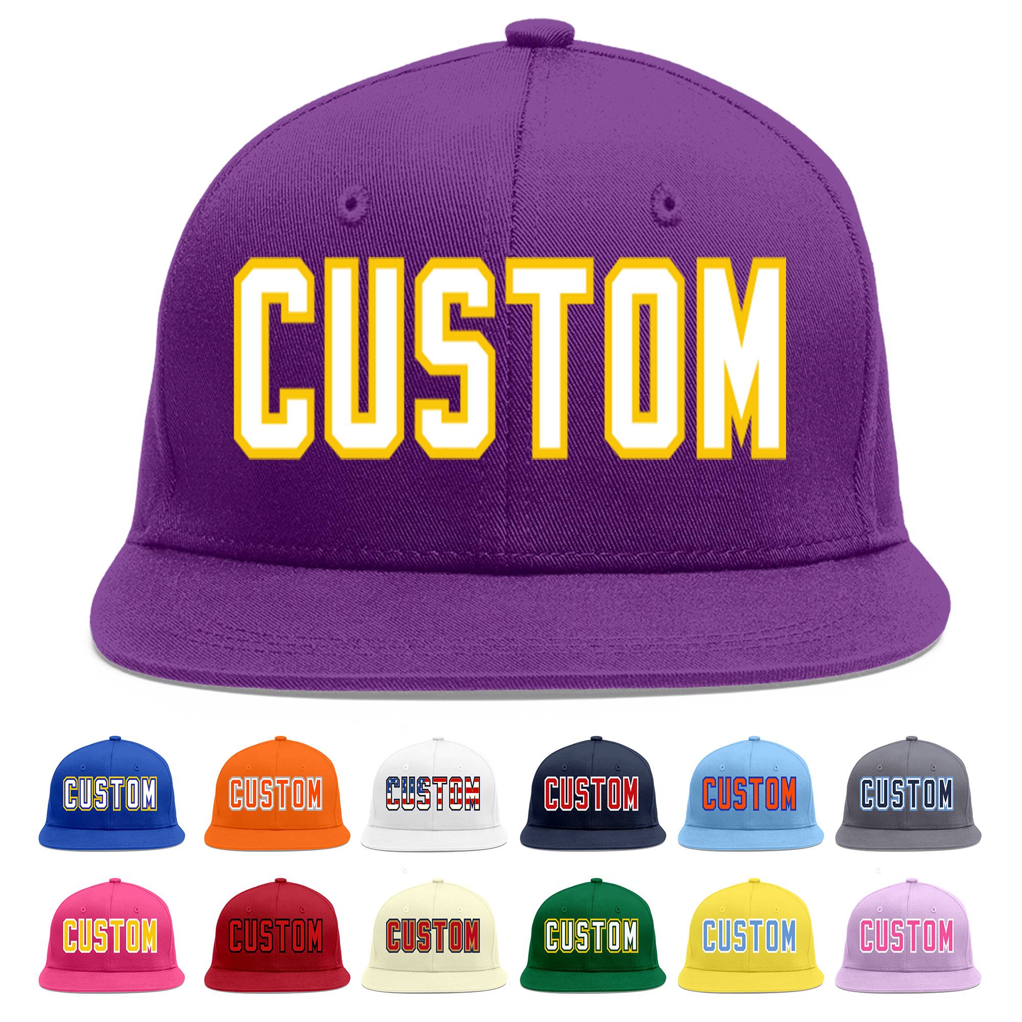 Casquette de baseball sport personnalisée violet blanc-or Flat Eaves