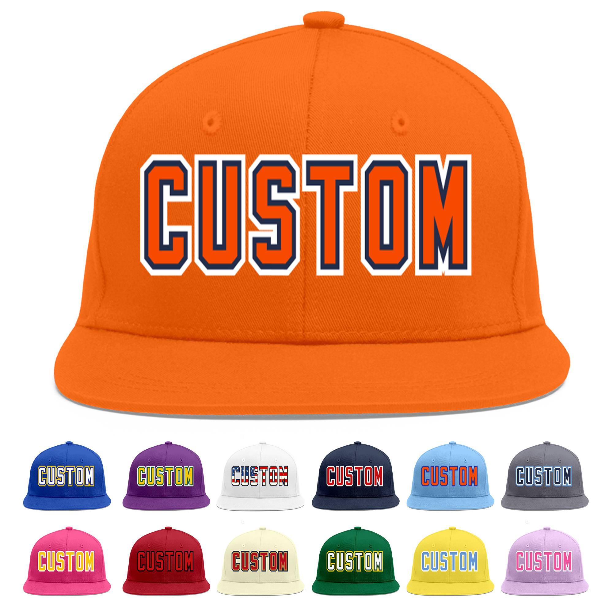 Custom Orange Orange-Navy Flat Eaves Sport Baseball Cap