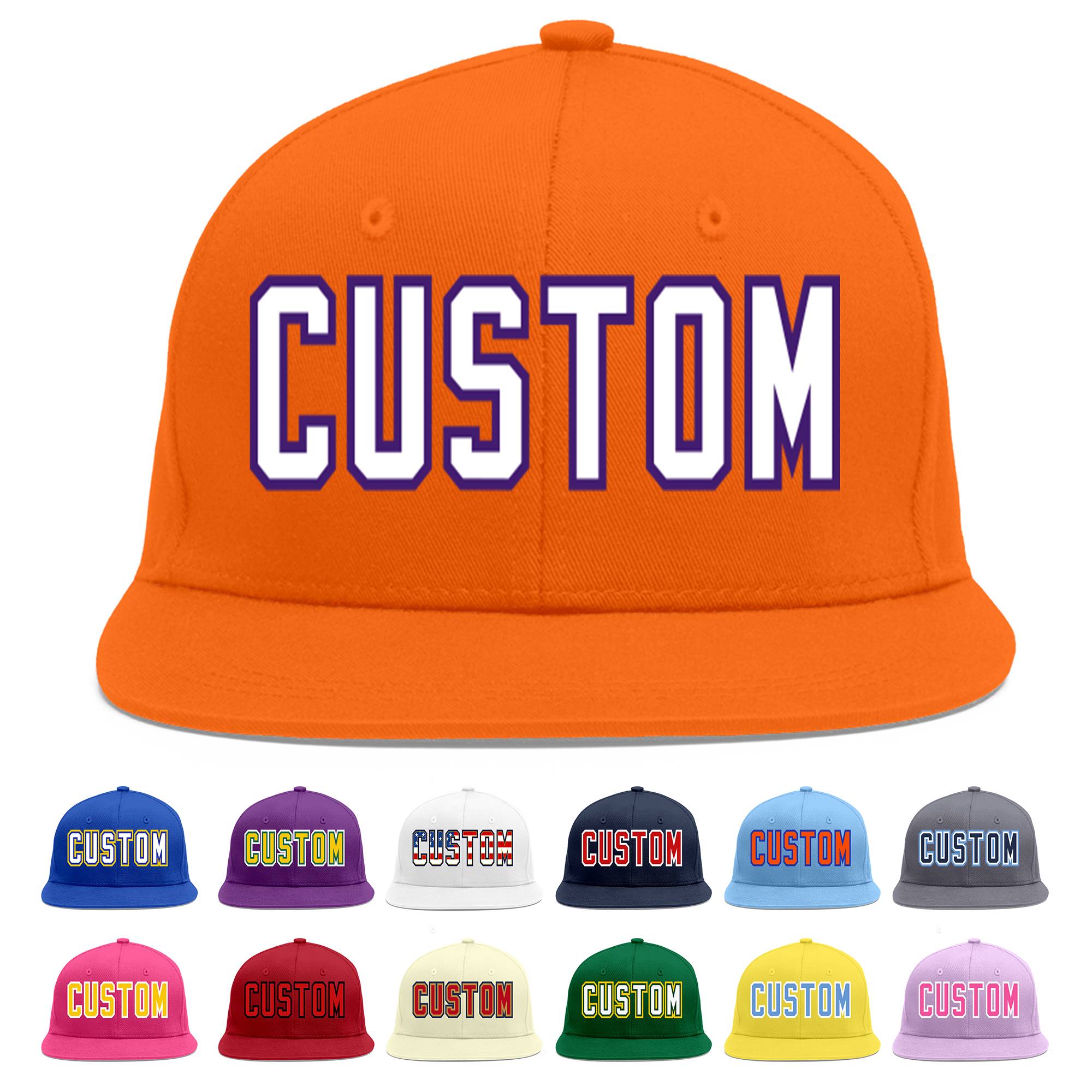 Custom Orange White-purple Flat Eaves Sport Baseball Cap