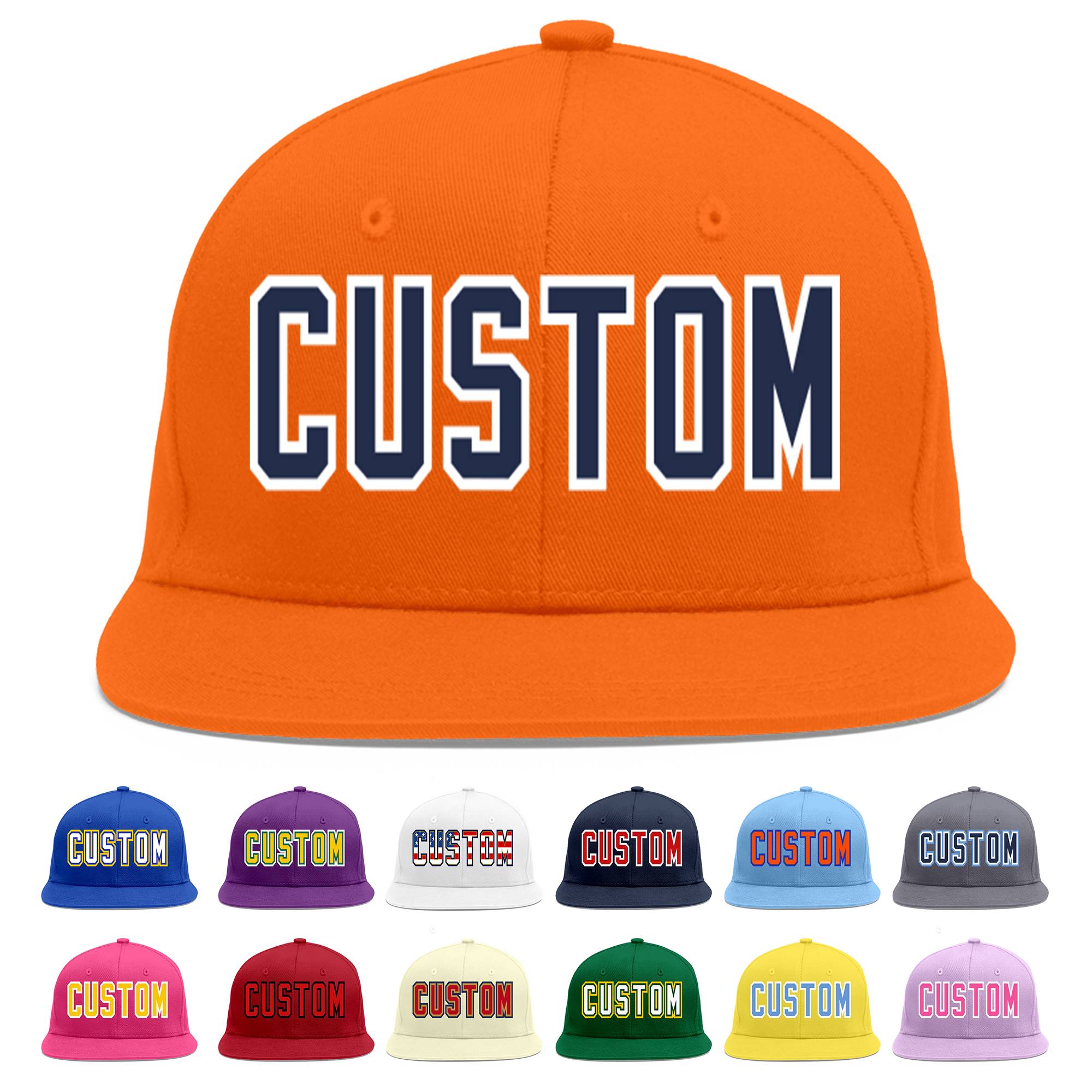 Custom Orange Navy-White Flat Eaves Sport Baseball Cap