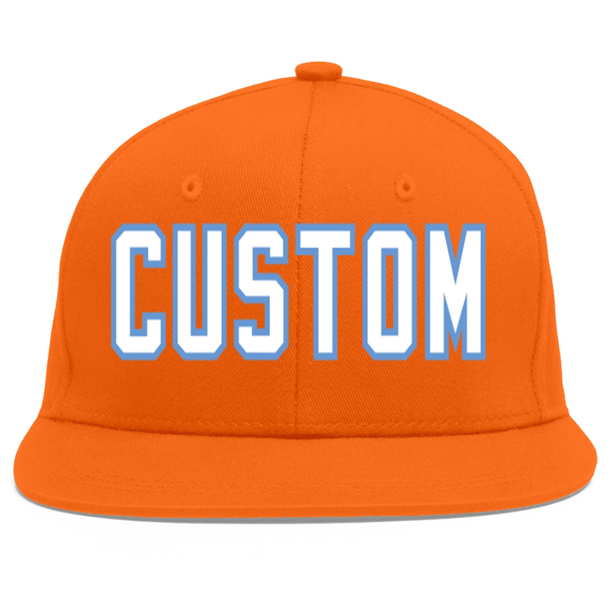 Custom Orange White-Light Blue Flat Eaves Sport Baseball Cap