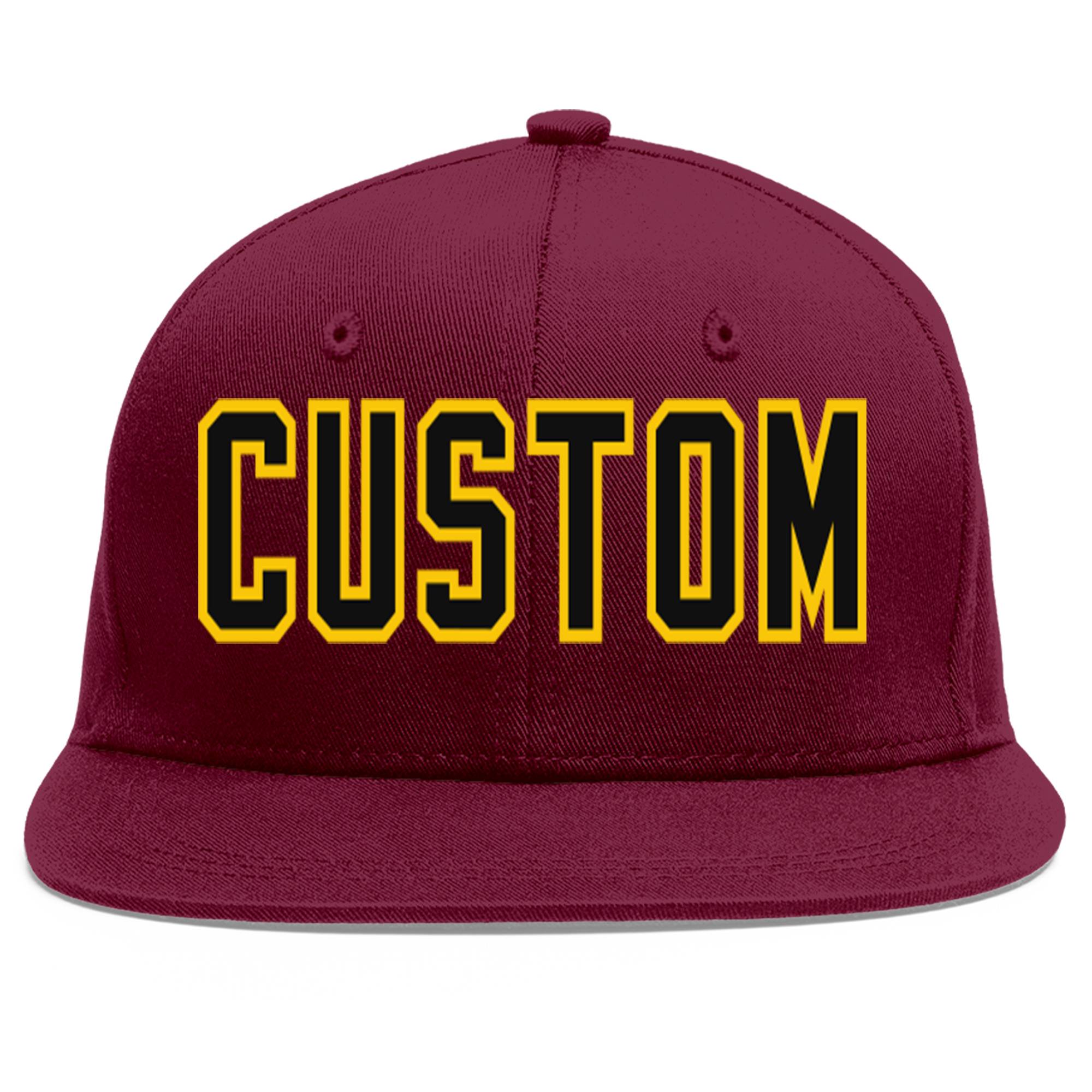 Custom Crimson Black-Gold Flat Eaves Sport Baseball Cap