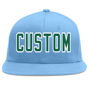 Custom Light Blue Kelly Green-White Flat Eaves Sport Baseball Cap