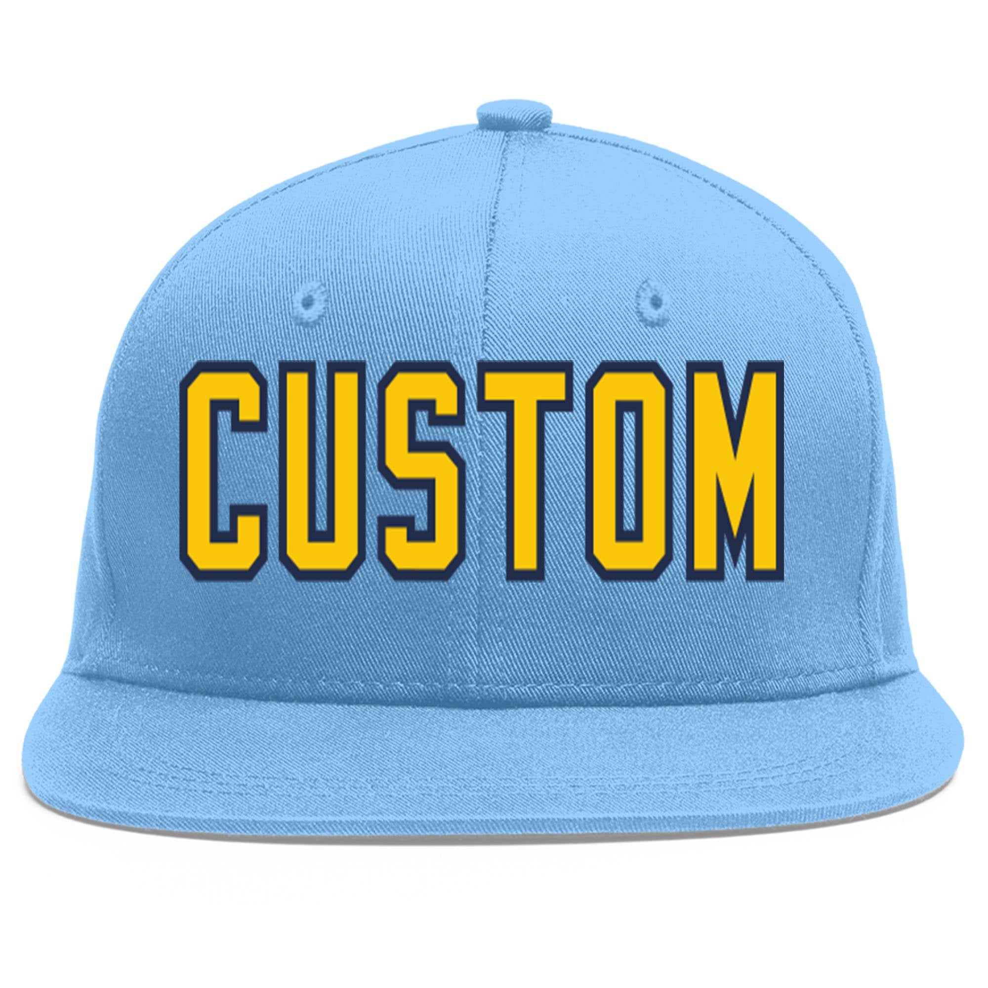 Custom Light Blue Gold-Navy Flat Eaves Sport Baseball Cap