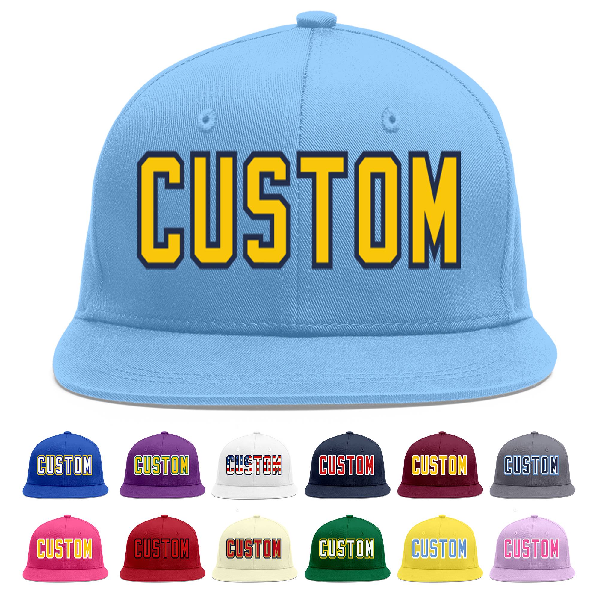 Custom Light Blue Gold-Navy Flat Eaves Sport Baseball Cap