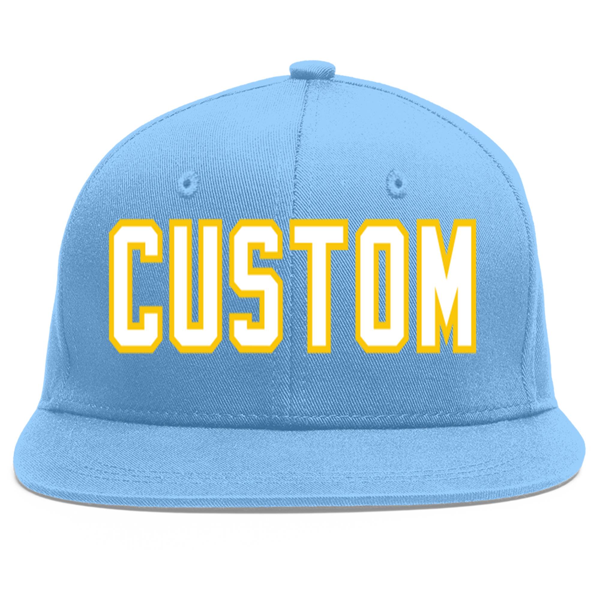 Custom Light Blue White-Gold Flat Eaves Sport Baseball Cap