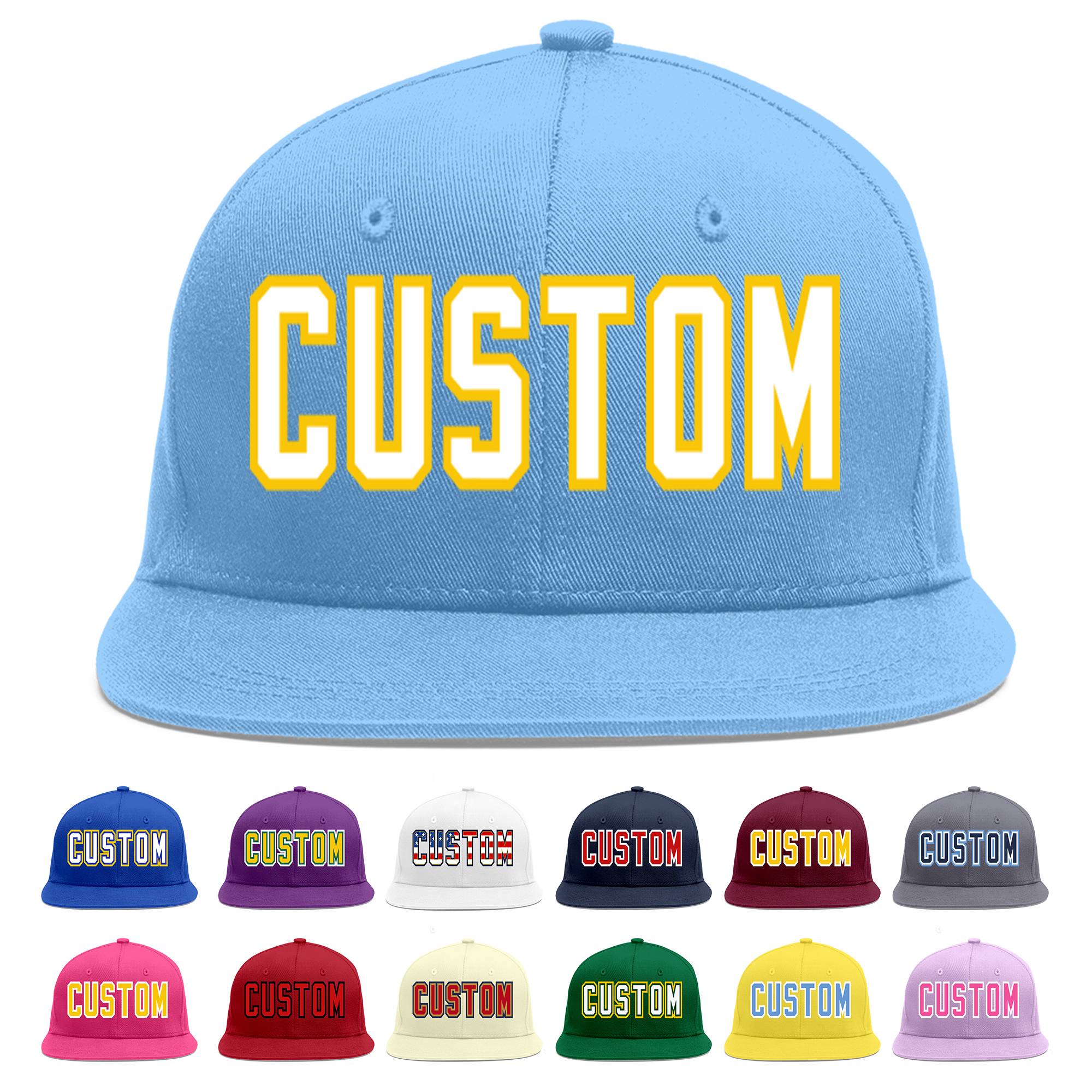 Custom Light Blue White-Gold Flat Eaves Sport Baseball Cap