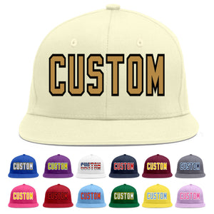 Custom Cream Old Gold-Black Flat Eaves Sport Baseball Cap