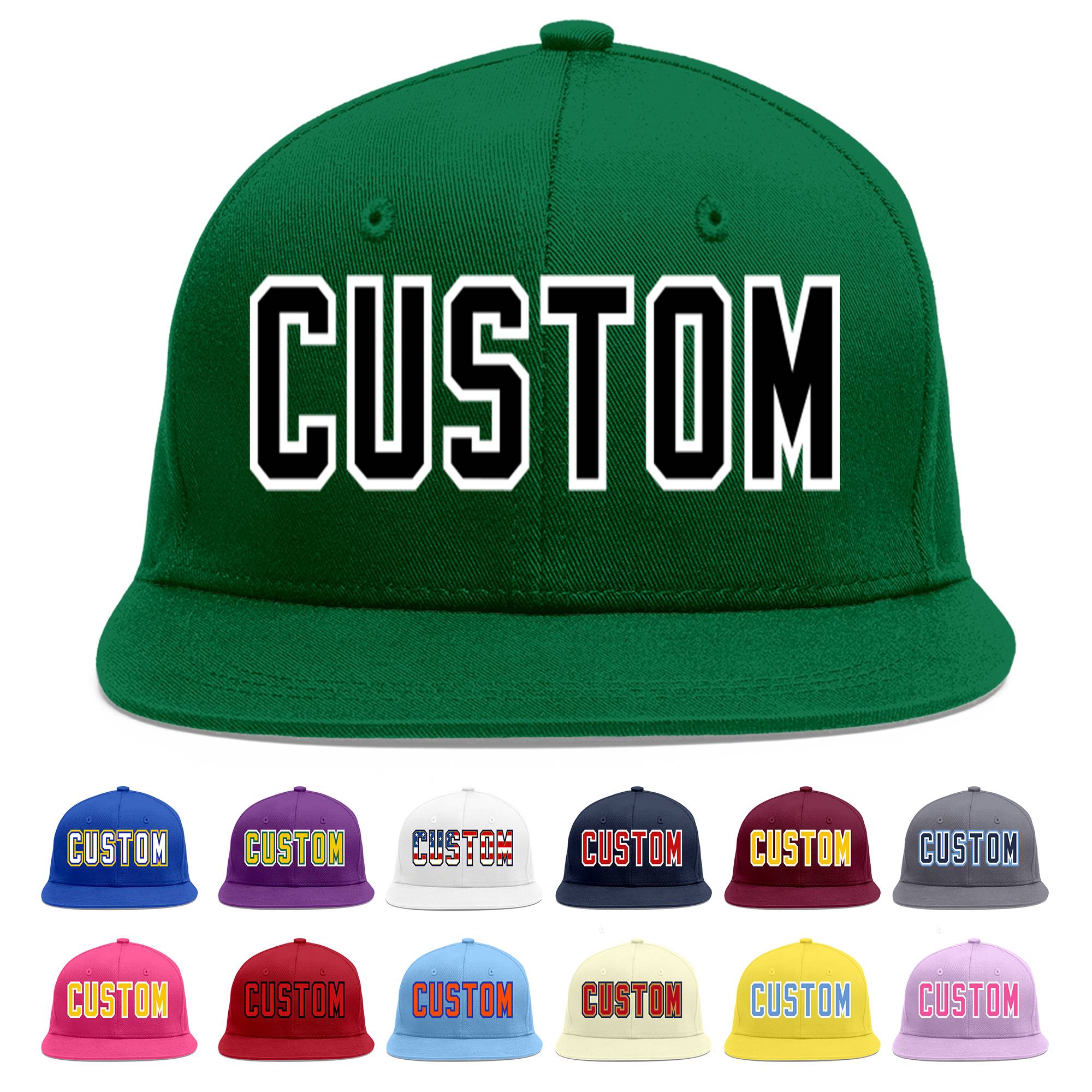 Custom Green Black-White Flat Eaves Sport Baseball Cap