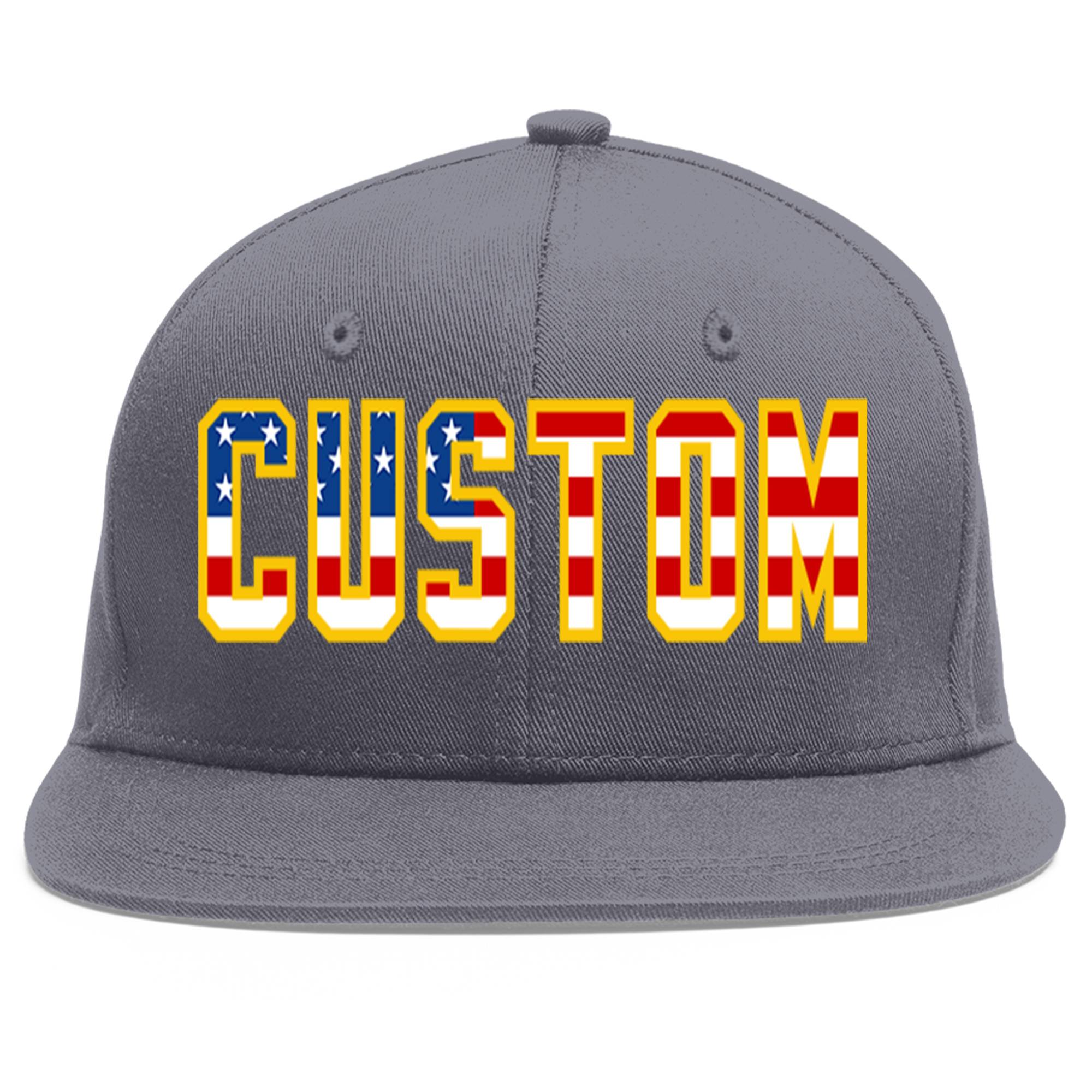 Custom Dark Gray Vintage USA Flag-Gold Flat Eaves Sport Baseball Cap