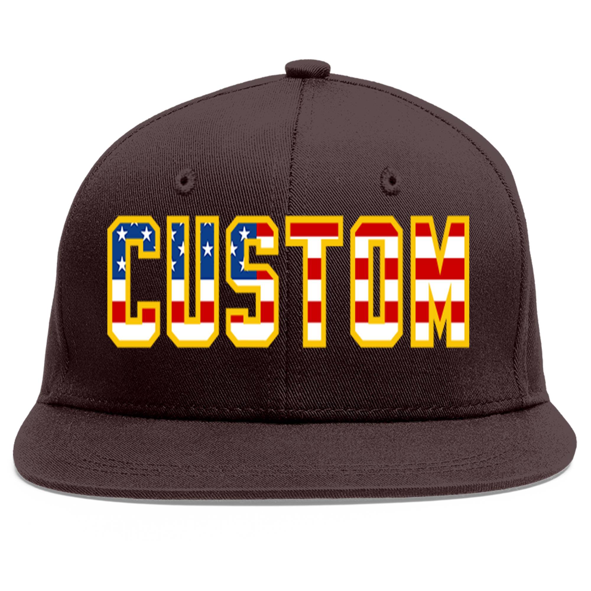 Custom Brown Vintage USA Flag-Gold Flat Eaves Sport Baseball Cap