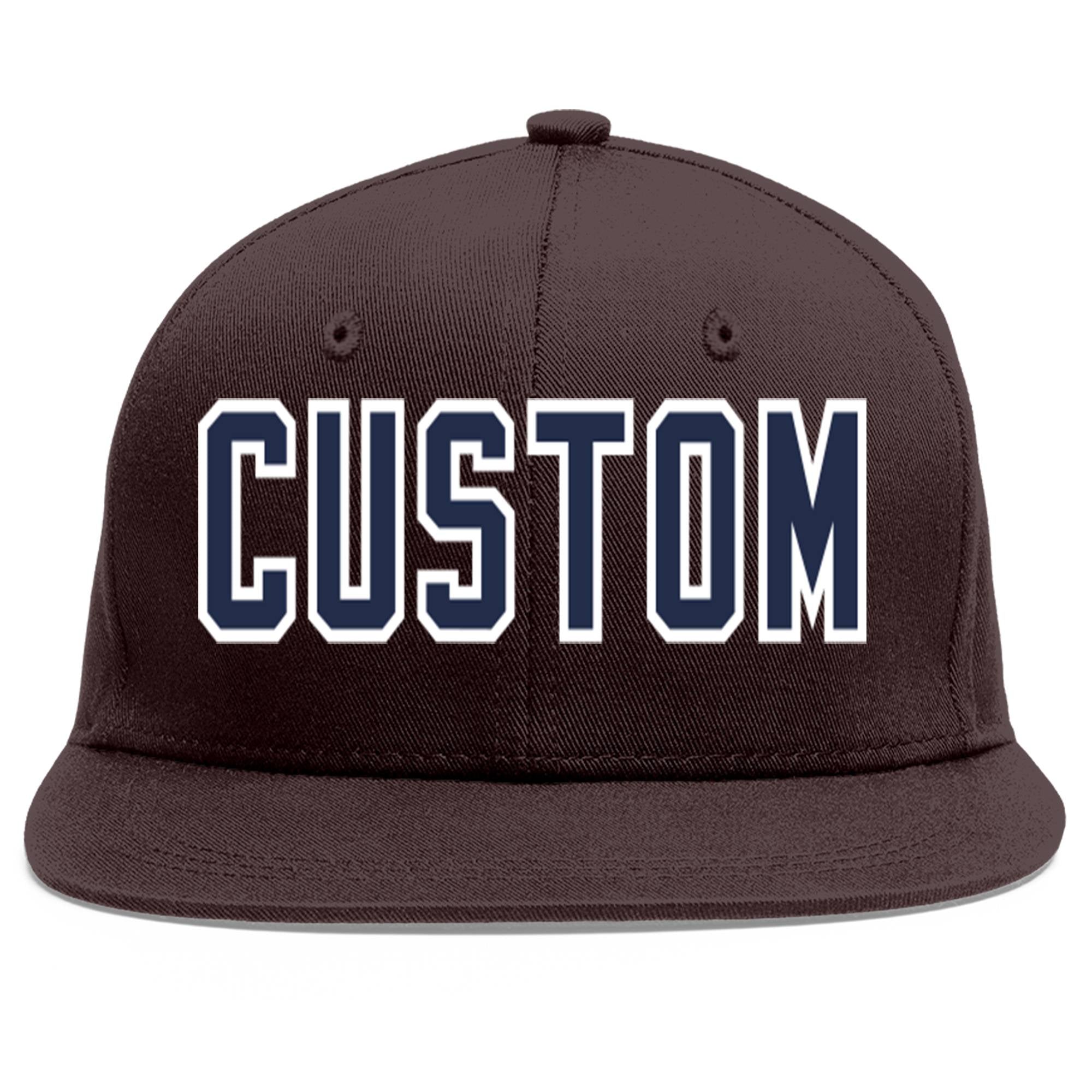 Custom Brown Navy-White Flat Eaves Sport Baseball Cap