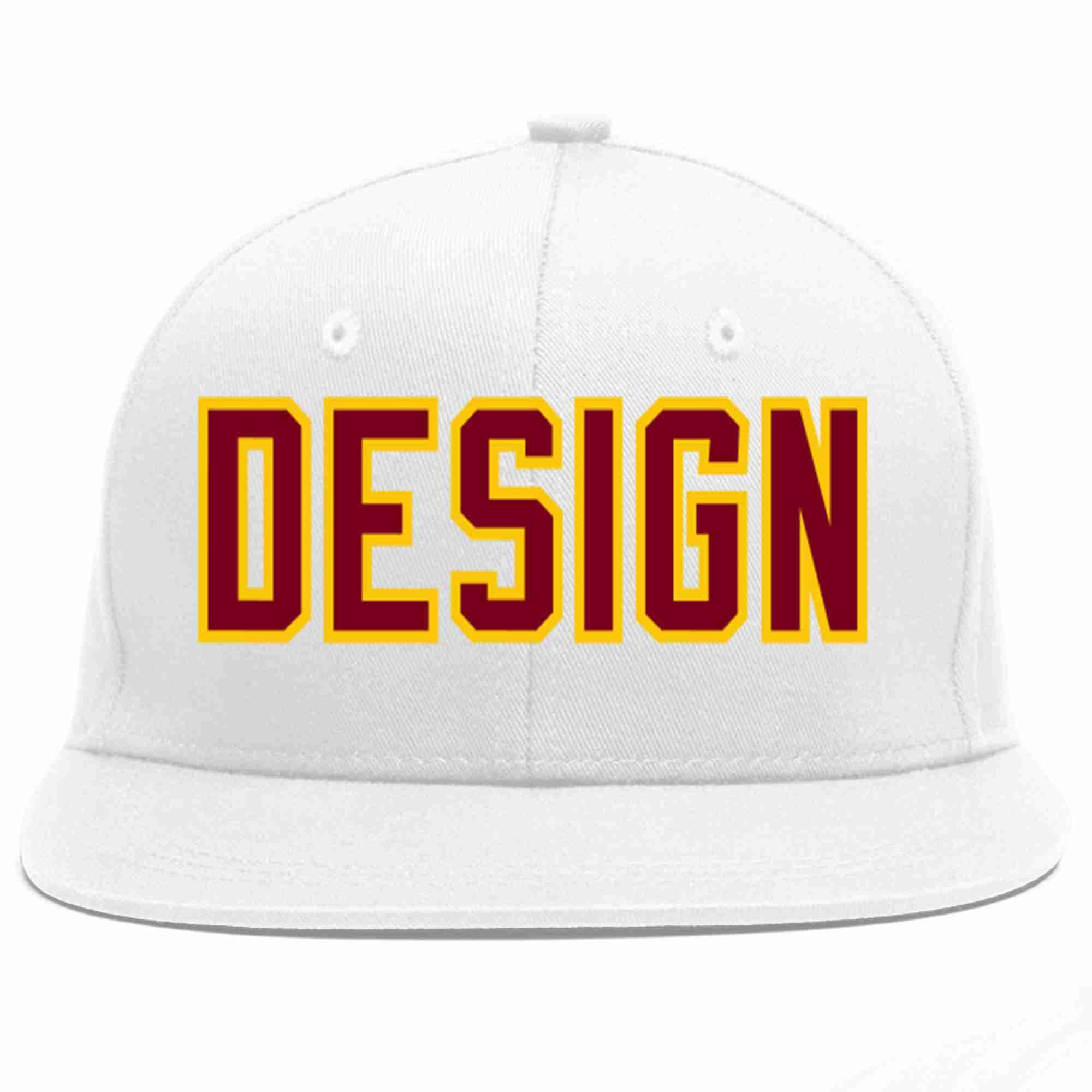 Custom White Crimson-Gold Flat Eaves Sport Baseball Cap Design for Men/Women/Youth