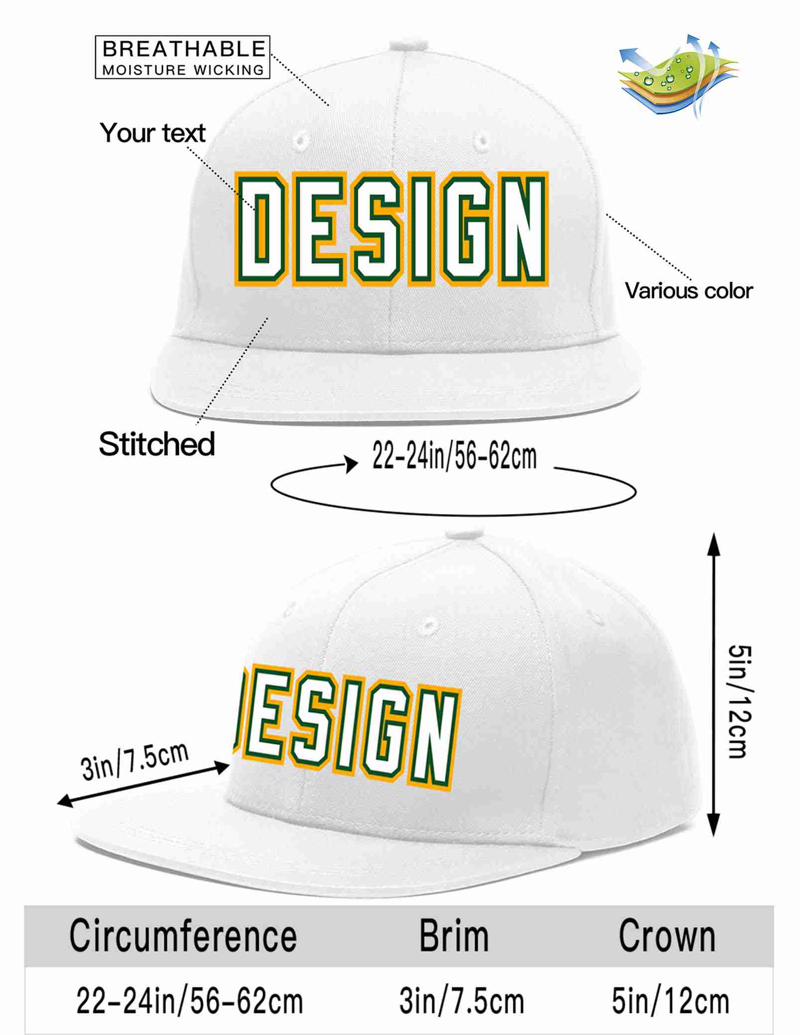 Custom White White-Kelly Green Flat Eaves Sport Baseball Cap Design for Men/Women/Youth