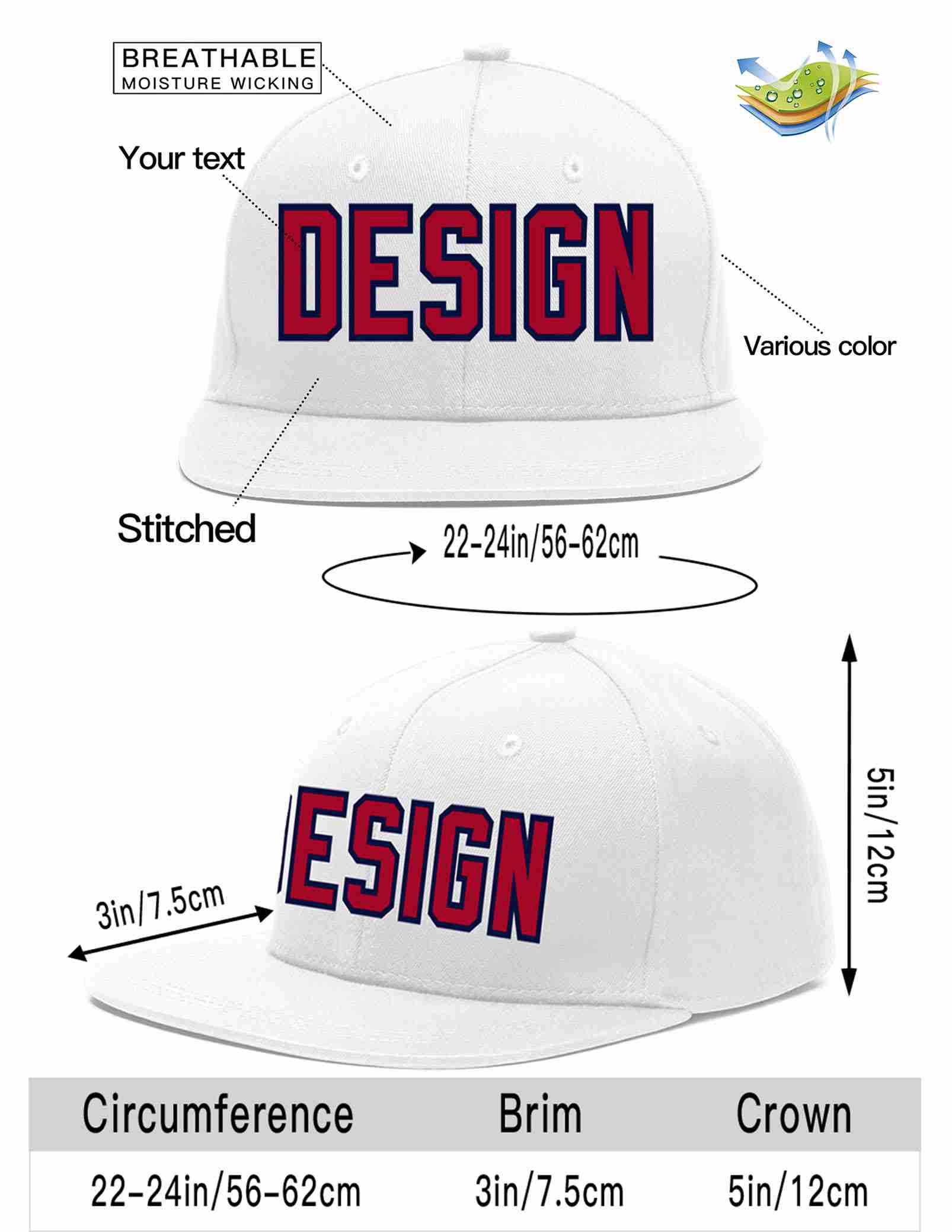 Custom White Red-Navy Flat Eaves Sport Baseball Cap Design for Men/Women/Youth