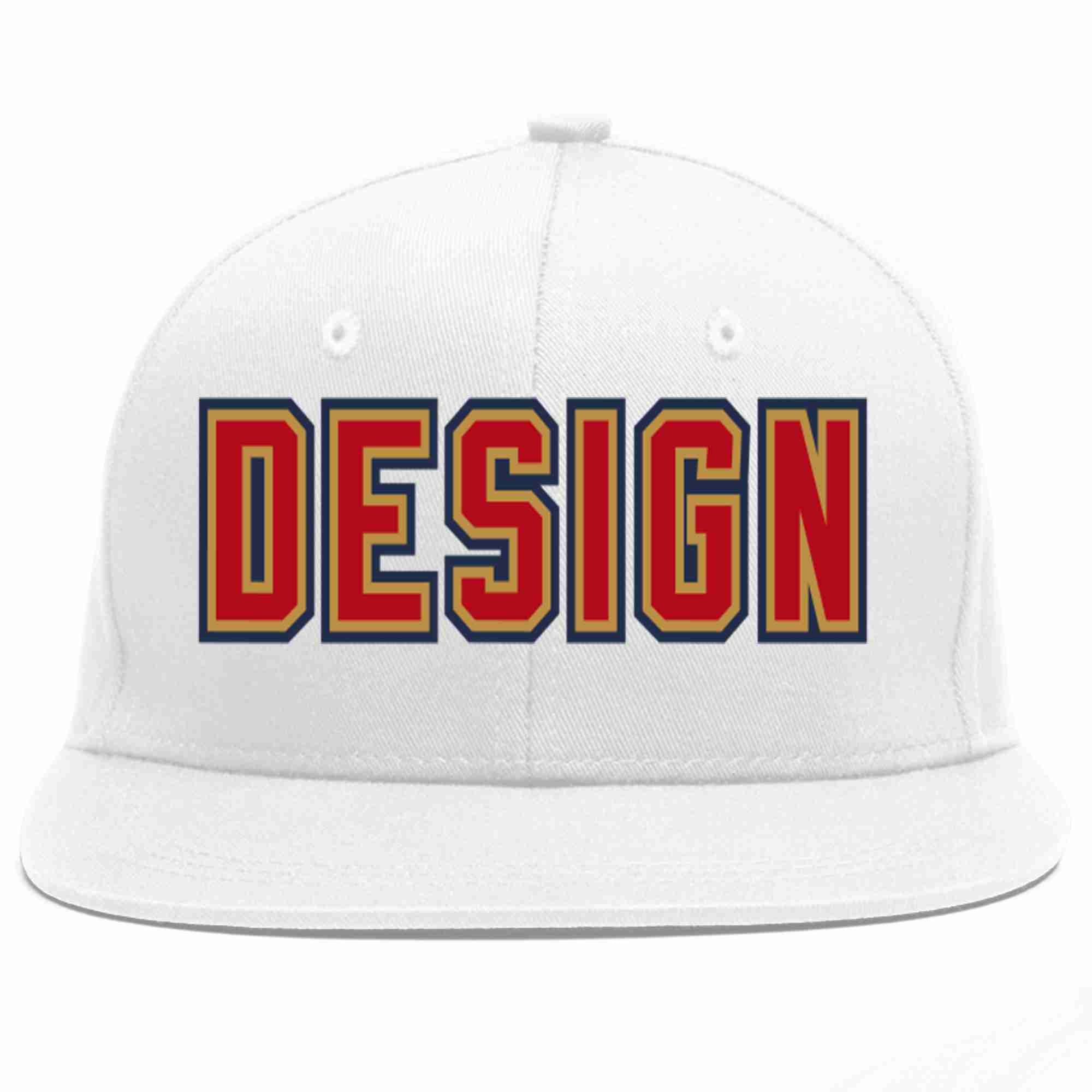 Custom White Red-Old Gold Flat Eaves Sport Baseball Cap Design for Men/Women/Youth