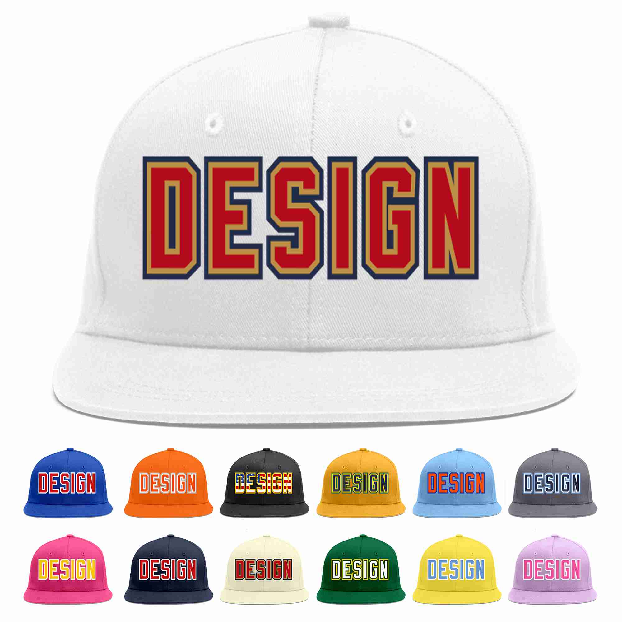 Custom White Red-Old Gold Flat Eaves Sport Baseball Cap Design for Men/Women/Youth