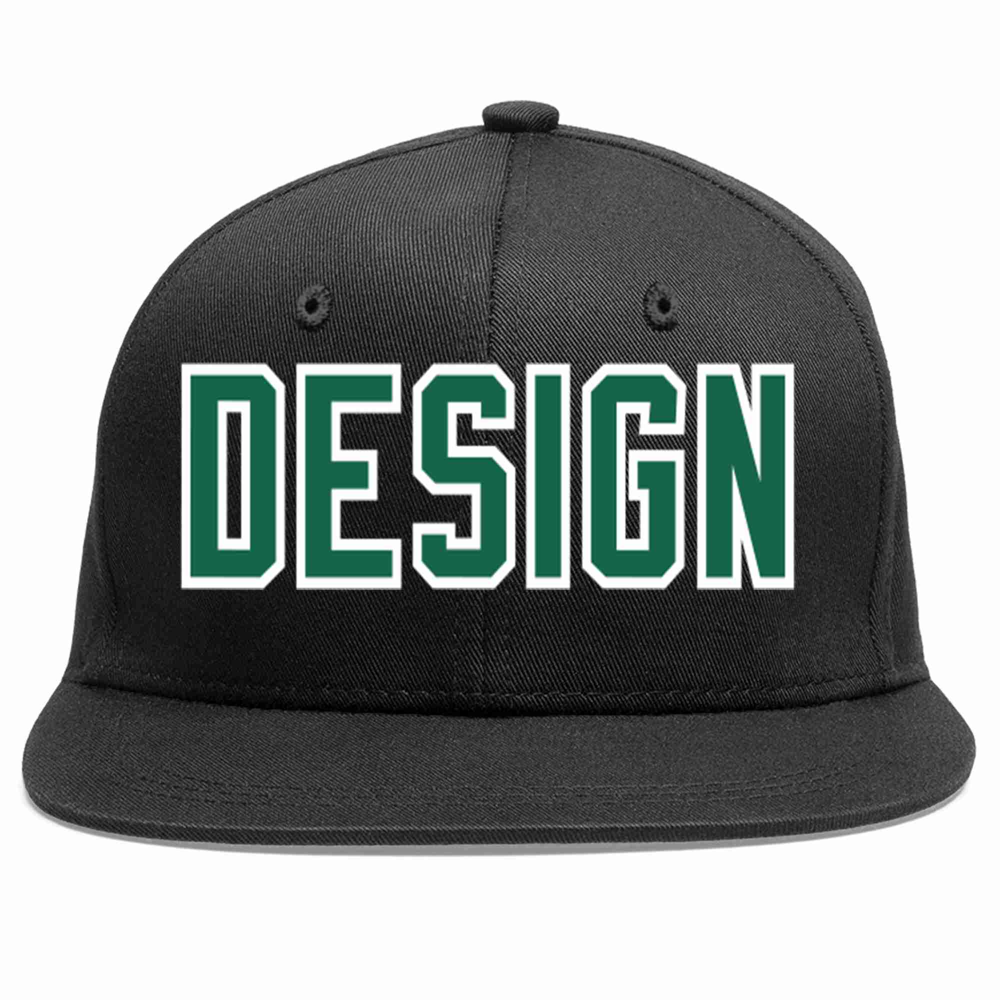 Casquette de baseball personnalisée noire Kelly vert-blanc avec avant-toit plat pour hommes/femmes/jeunes