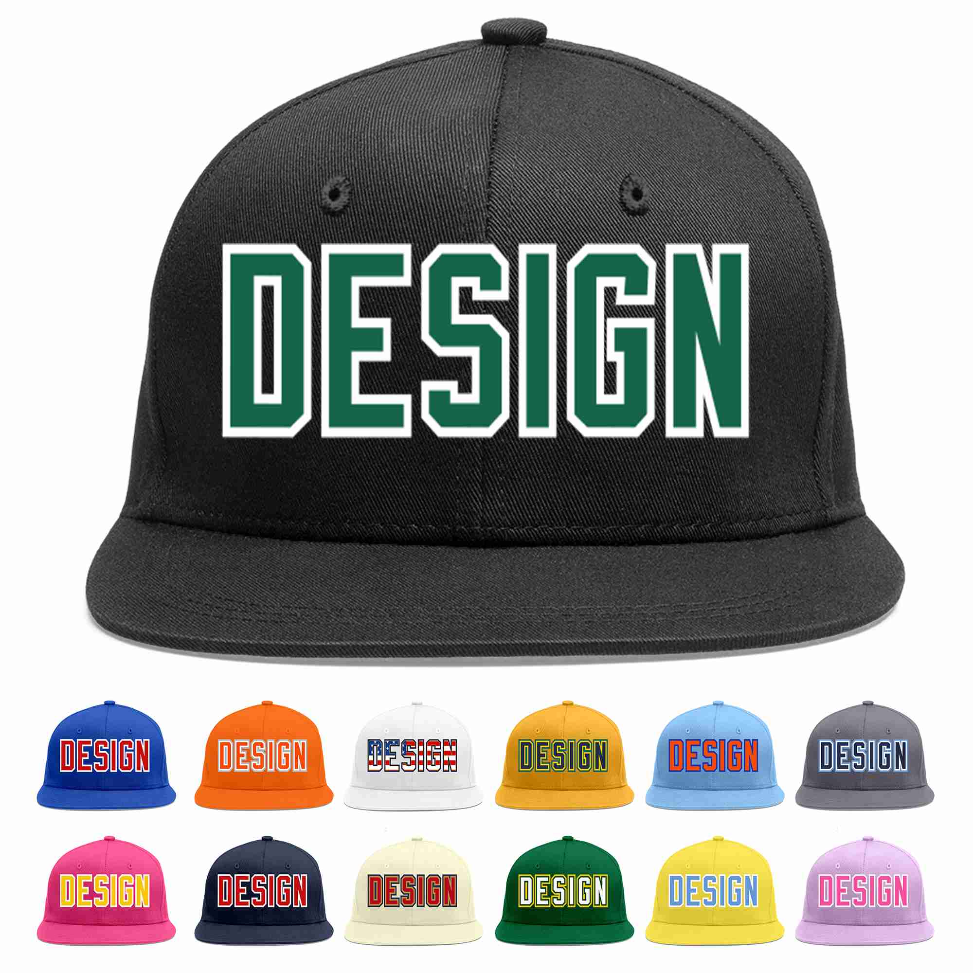 Casquette de baseball personnalisée noire Kelly vert-blanc avec avant-toit plat pour hommes/femmes/jeunes