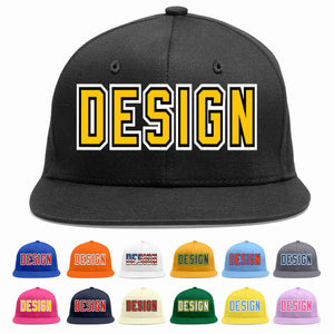 Custom Black Gold-Black Flat Eaves Sport Baseball Cap Design for Men/Women/Youth