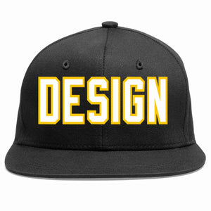 Custom Black White-Gold Flat Eaves Sport Baseball Cap Design for Men/Women/Youth