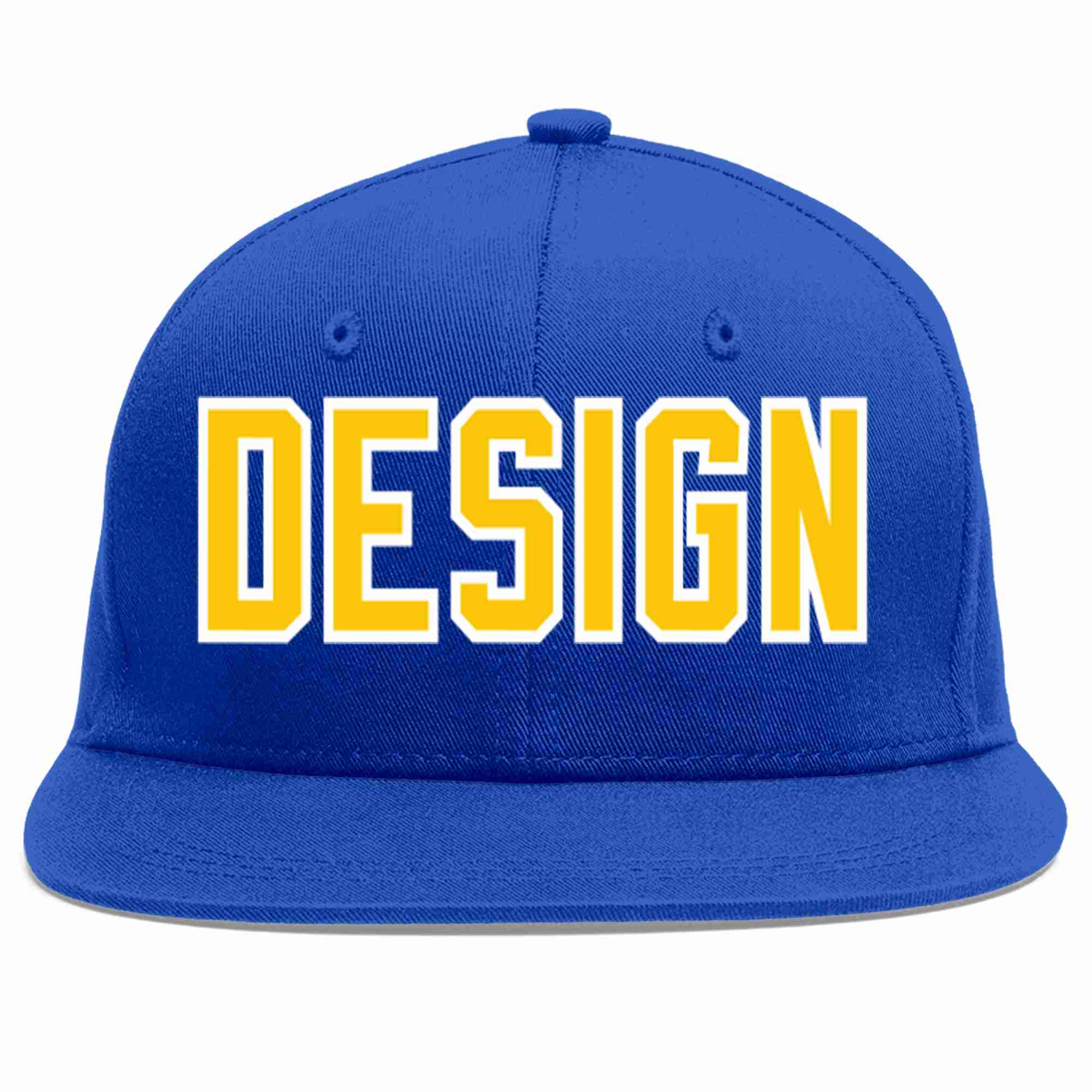 Custom Royal Gold-White Flat Eaves Sport Baseball Cap Design for Men/Women/Youth