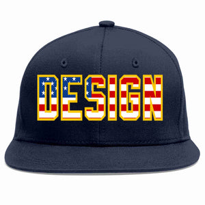 Custom Navy Vintage USA Flag-Gold Flat Eaves Sport Baseball Cap Design for Men/Women/Youth