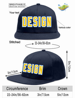 Custom Navy Gold-White Flat Eaves Sport Baseball Cap Design for Men/Women/Youth