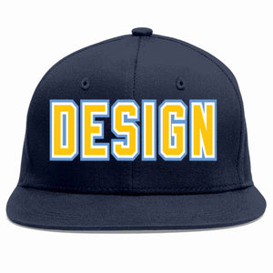 Custom Navy Gold-White Flat Eaves Sport Baseball Cap Design for Men/Women/Youth