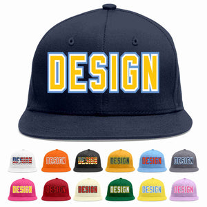 Custom Navy Gold-White Flat Eaves Sport Baseball Cap Design for Men/Women/Youth