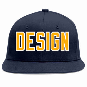 Custom Navy Yellow-White Flat Eaves Sport Baseball Cap Design for Men/Women/Youth