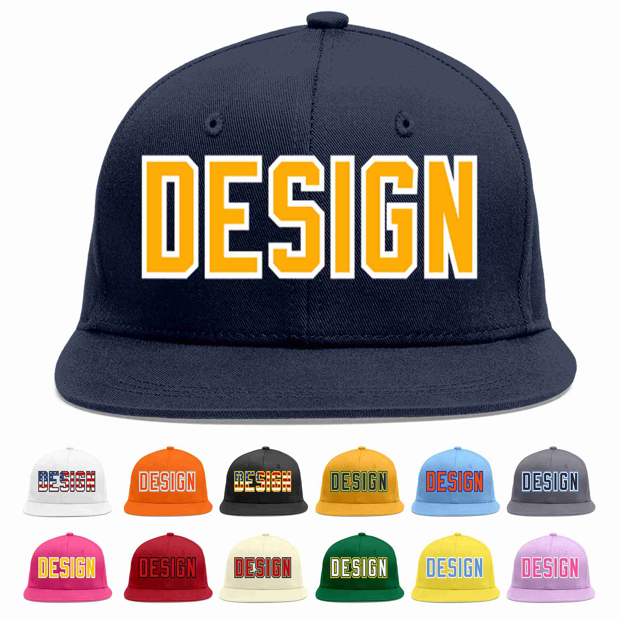 Custom Navy Yellow-White Flat Eaves Sport Baseball Cap Design for Men/Women/Youth