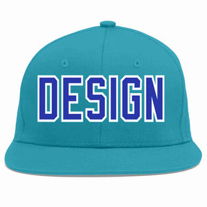 Custom Aqua Royal-White Flat Eaves Sport Baseball Cap Design for Men/Women/Youth