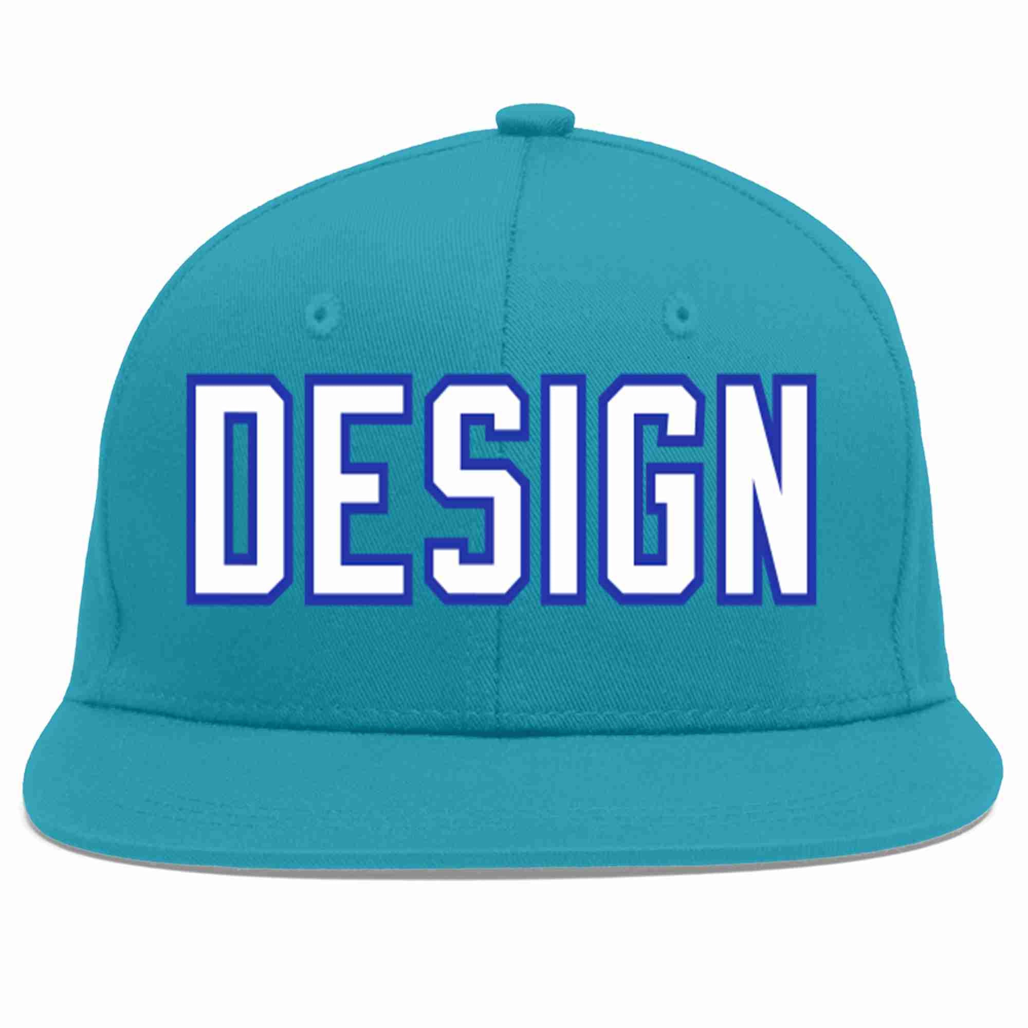 Custom Aqua White-Royal Flat Eaves Sport Baseball Cap Design for Men/Women/Youth