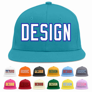 Custom Aqua White-Royal Flat Eaves Sport Baseball Cap Design for Men/Women/Youth