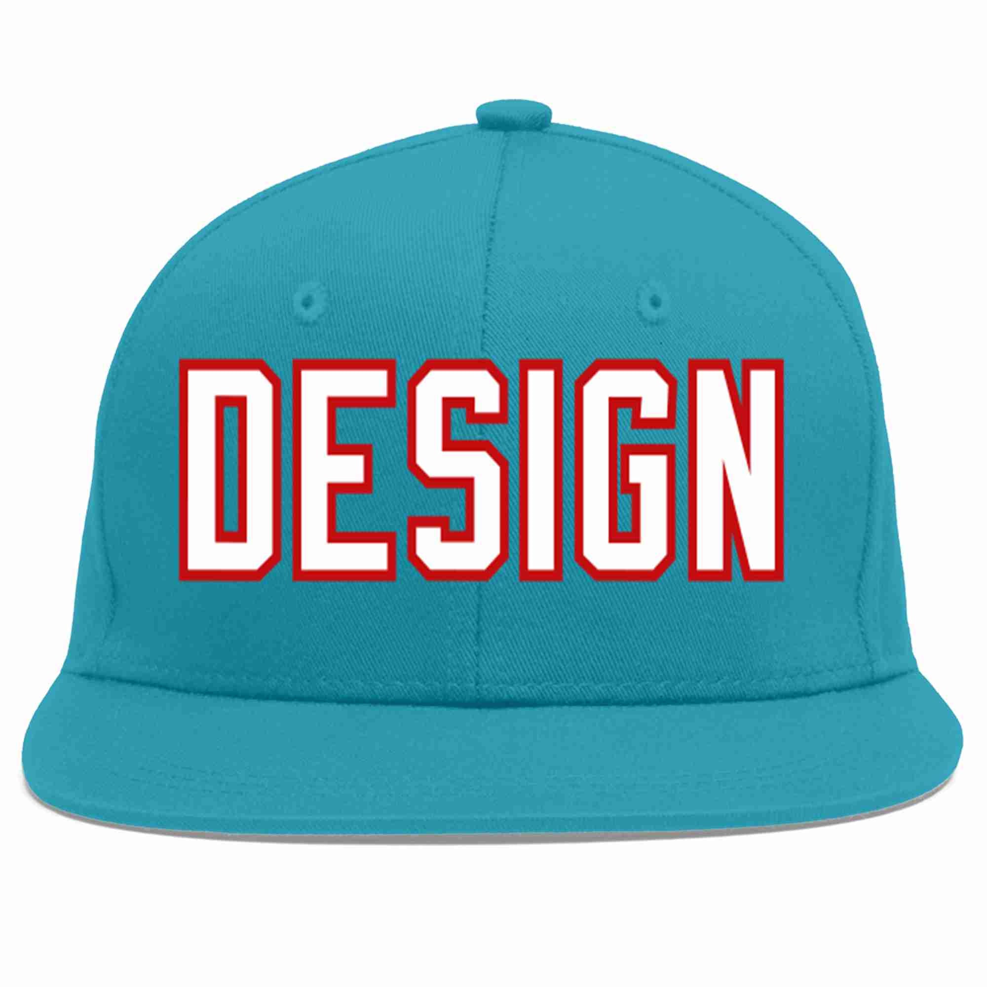 Custom Aqua White-Red Flat Eaves Sport Baseball Cap Design for Men/Women/Youth