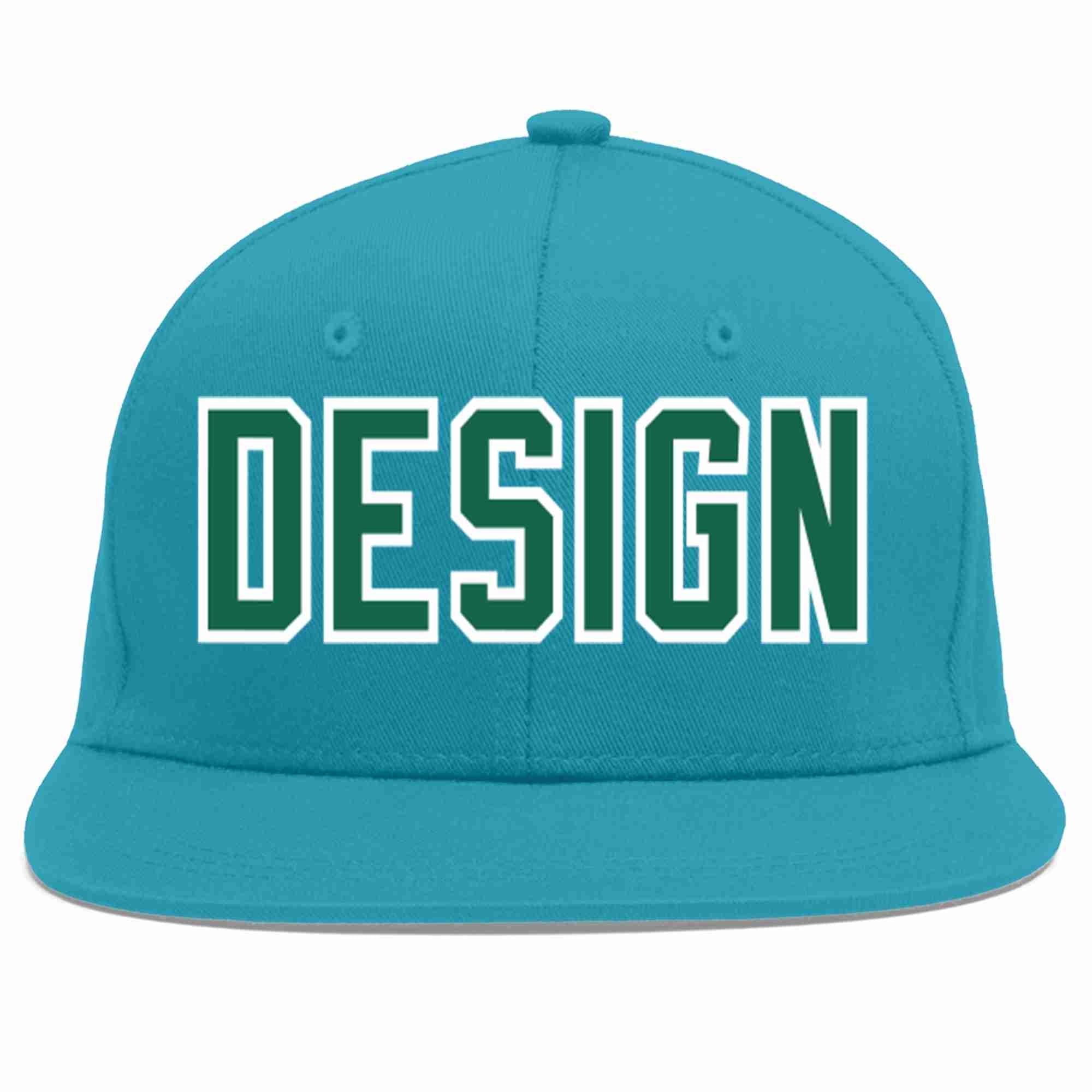 Custom Aqua Kelly Green-White Flat Eaves Sport Baseball Cap Design for Men/Women/Youth