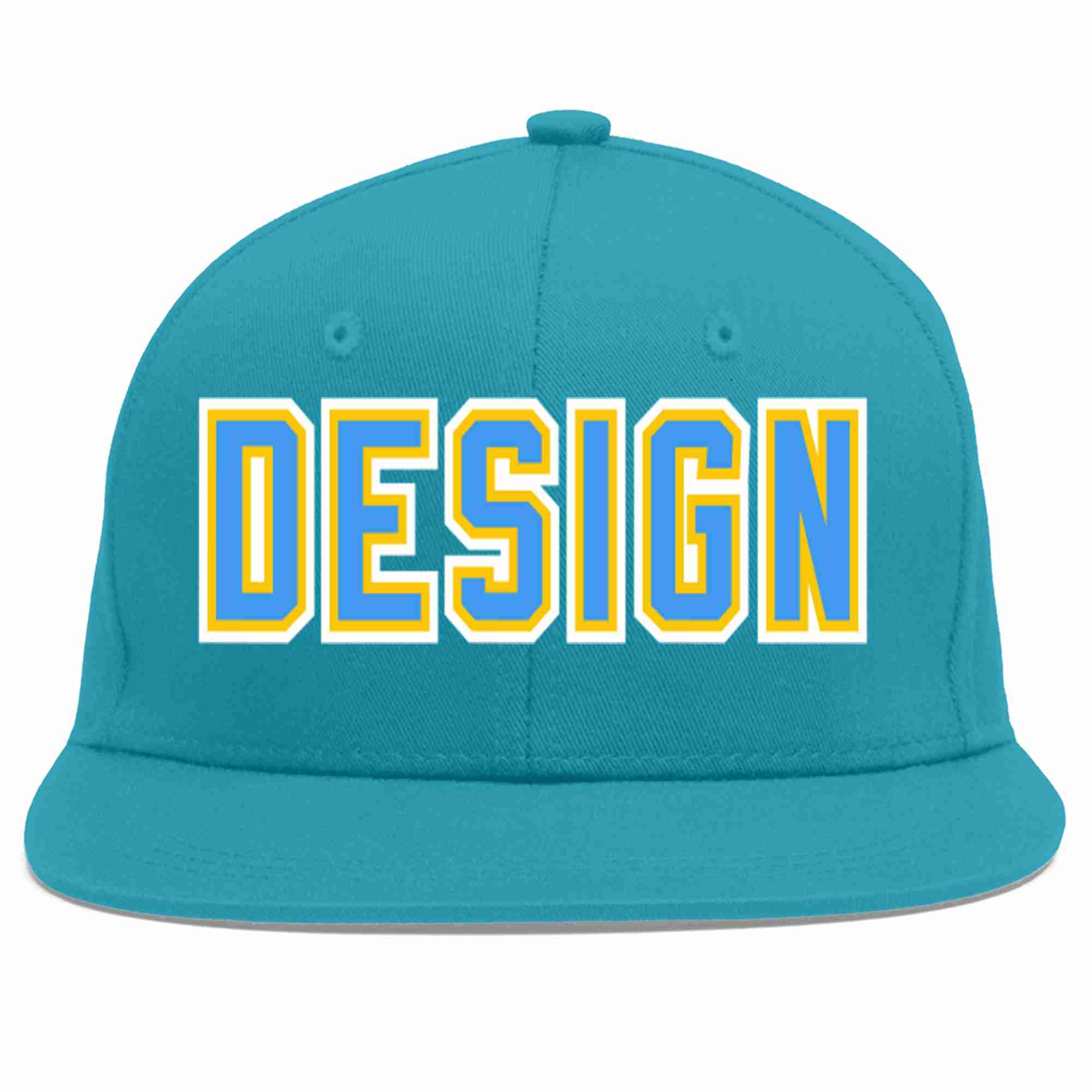 Custom Aqua Powder Blue-Gold Flat Eaves Sport Baseball Cap Design for Men/Women/Youth