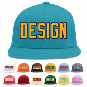 Custom Aqua Yellow-Navy Flat Eaves Sport Baseball Cap Design for Men/Women/Youth