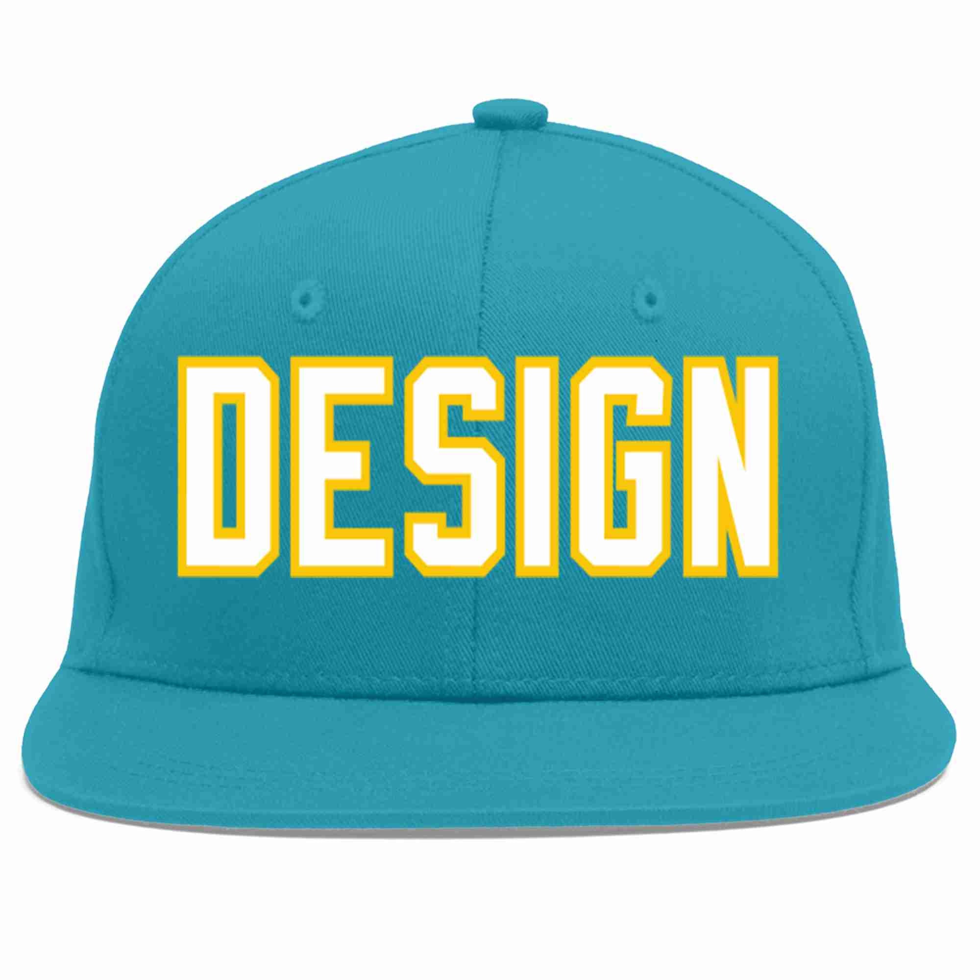 Custom Aqua White-Gold Flat Eaves Sport Baseball Cap Design for Men/Women/Youth