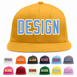 Custom Gold Light Blue-White Flat Eaves Sport Baseball Cap Design for Men/Women/Youth