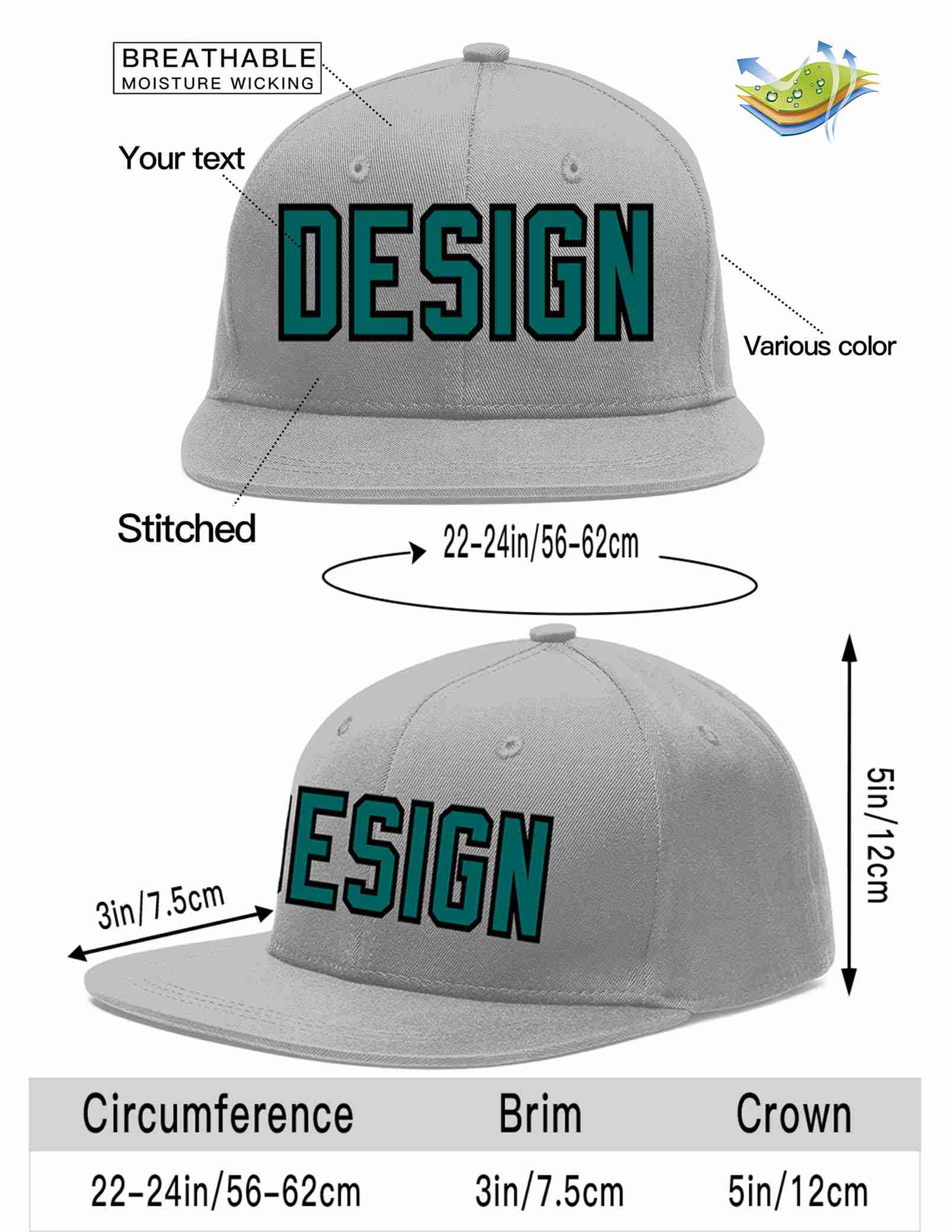 Custom Gray Aqua-Black Flat Eaves Sport Baseball Cap Design for Men/Women/Youth