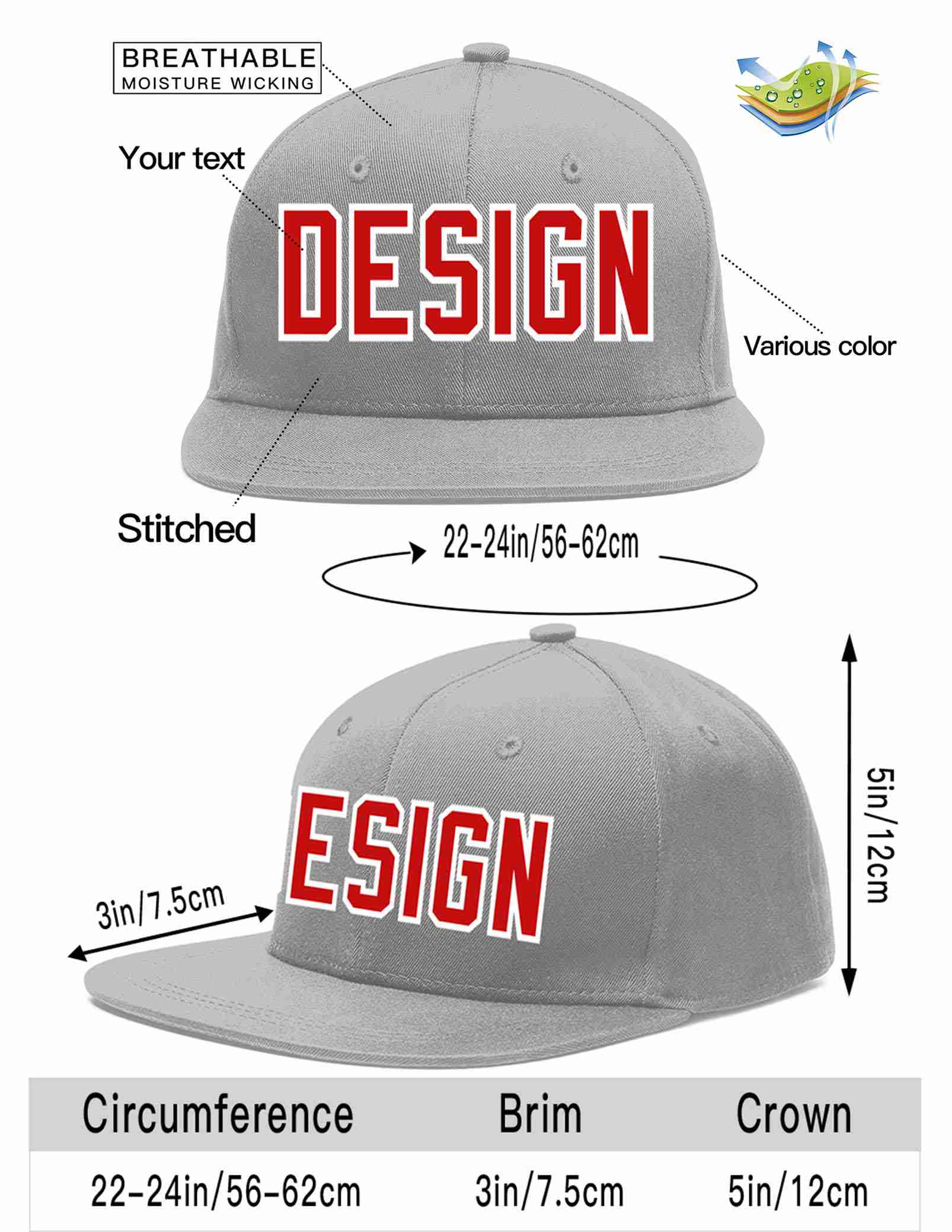 Custom Gray Red-White Flat Eaves Sport Baseball Cap Design for Men/Women/Youth